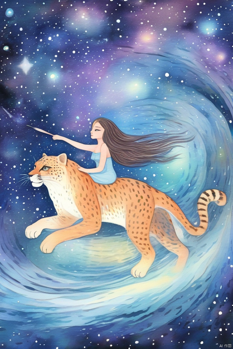  New meticulous brush, night, (Milky Way through the stars: 1.28), floating giant glowing nebulae, (long-haired beautiful wild girl, riding a Panther), endless sense of space, illusion, reflection, dots, swirls, up and down perspective, fractal art, stars shining, night, magic