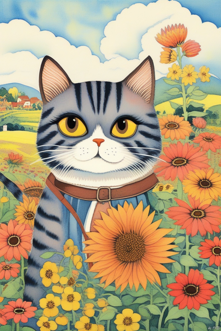 masterpiece,best quality,portrait of a cat farmer,flower,outdoor,illustration,style of Louis Wain,