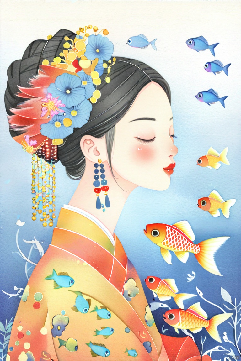 1girl, solo, black_hair, hair_ornament, long_sleeves, jewelry, closed_mouth, closed_eyes, upper_body, flower, earrings, from_side, petals, eyelashes, profile, chinese_clothes, looking_down, animal_print, gem, fish, beads, blue_flower, goldfish, fish_print, koi,L&Y