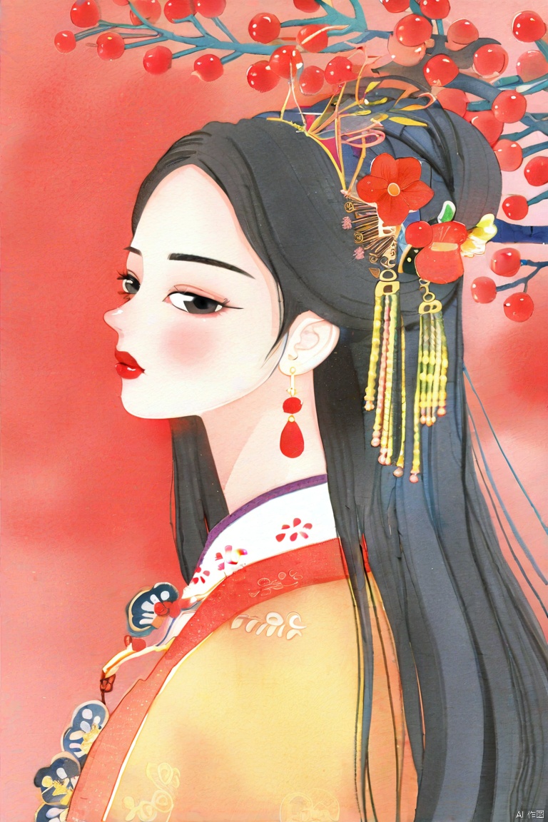  1girl, solo, long hair, black hair, hair ornament, jewelry, closed mouth, upper body, flower, earrings, blurry, from side, eyelashes, profile, makeup, red background, chinese clothes,  red flower, tassel, branch, red lips, tassel earrings, guoflinke