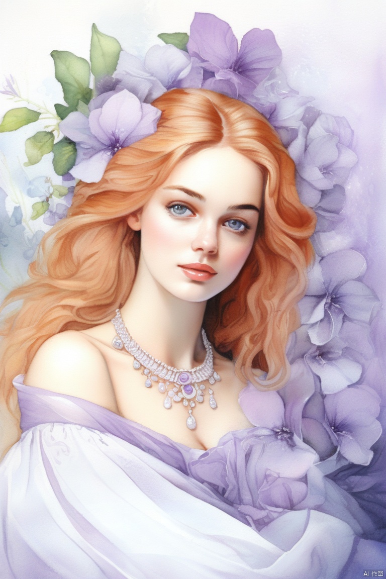 ((watercolo styly of a woman))), lying, be enchanted, (detailed painting inspired by Charlie Bowater:1.3), blooming exquisite necklace, detailed fantasy, white silver painting, her face is a lilac flower, dreamland,fine art parody,claborate-style painting