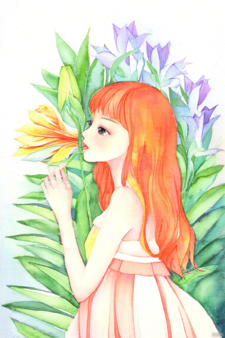 Bestquality,masterpiece,1girl,beautiful_face,eyebrows_visible_through_hair,lily_\(flower\),dress,holding_flower,from_side,watercolor style