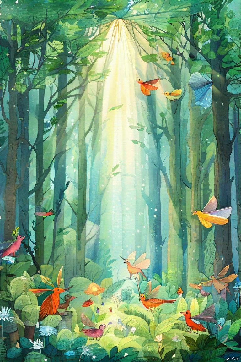 An imaginative illustration depicting a fantastical forest inhabited by various mystical creatures. The trees in this forest are exceptionally large, with their canopies covering the entire sky of the scene, allowing only scattered rays of light to penetrate through the dense leaves and reach the ground. In this forest, one can spot several winged fairies flying in the air, and a few dwarfs constructing something beneath the trees. The ground is covered with colorful flowers and mushrooms, with some strange small animals weaving through them. The entire image is vibrant in colors, filled with mystery and a dreamy atmosphere. High-quality illustration of an enchanted forest with mythical creatures, giant trees, fairies flying, dwarfs building, colorful flowers and mushrooms, and exotic small animals.,L&Y