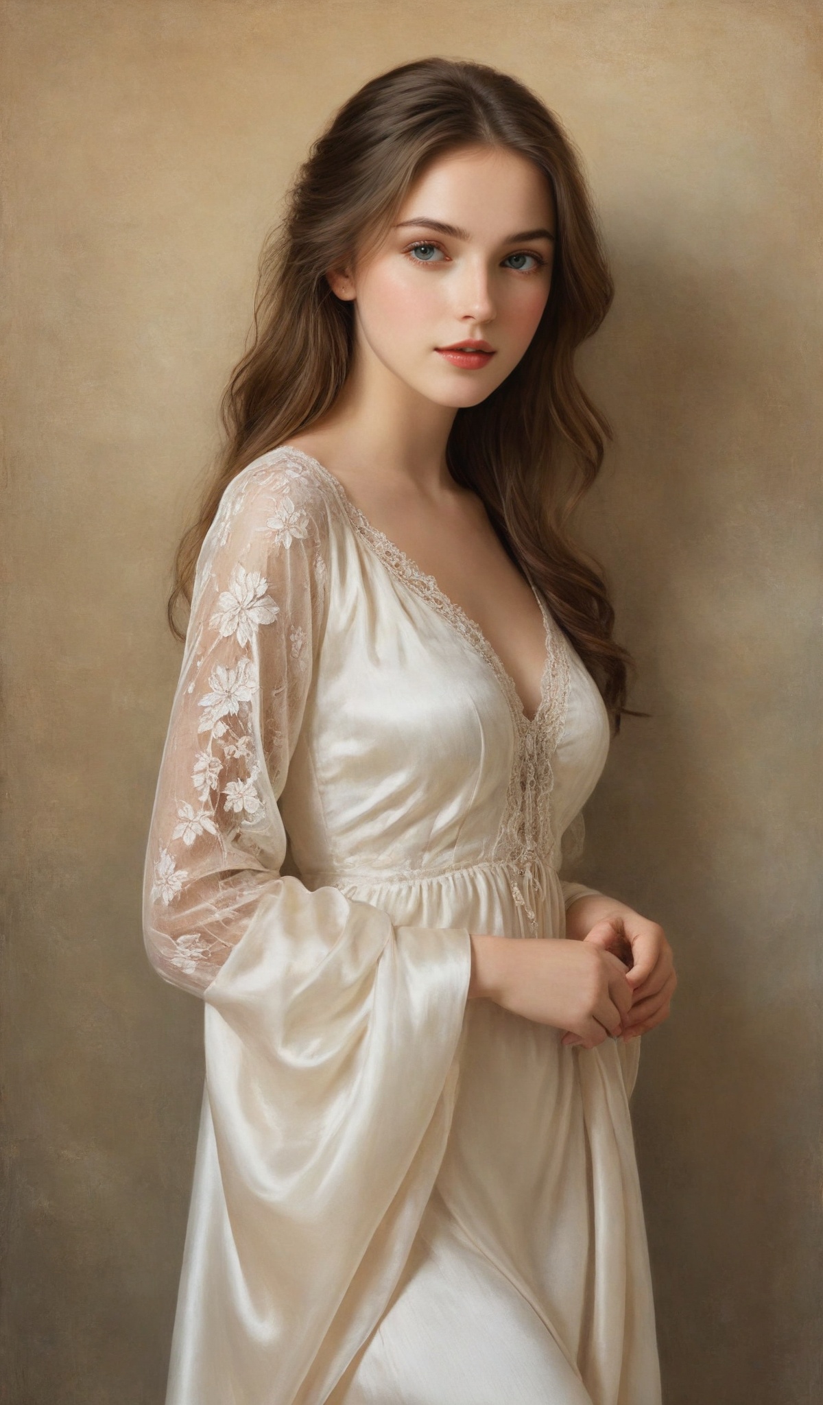 A stunningly beautiful girl,  dressed in refined European clothing,  is depicted in the height of summer's glow. Embrace t...