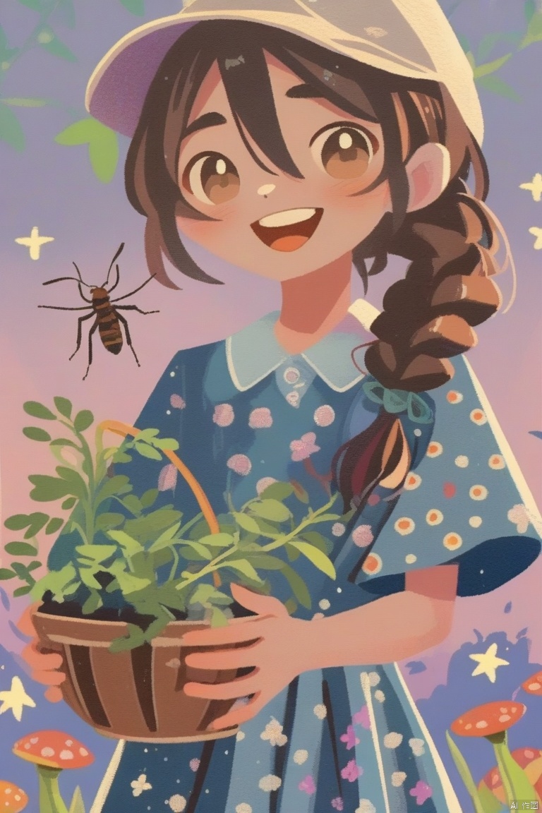 帽子,独自,碗,昆虫,连衣裙,模糊,1女孩,面部胡须,植物,拿着,1男孩,站立,马尾,光点,微笑,胡须