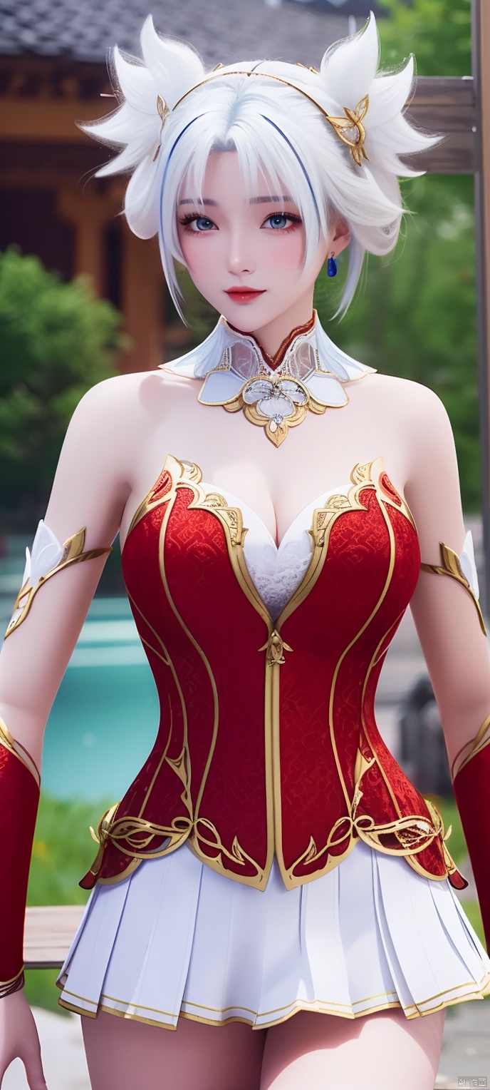 3D,masterpiece,(best quality),official art, extremely detailed cg 8k wallpaper,((crystalstexture skin)), (extremely delicate and beautiful),(highly detailed), qinger, 1girl, (red upper garment:1.4), (white short skirt:1.2), (white_hair:1.2) , solo, looking at viewer, cowboy_shot, realistic,masterpiece,best quality