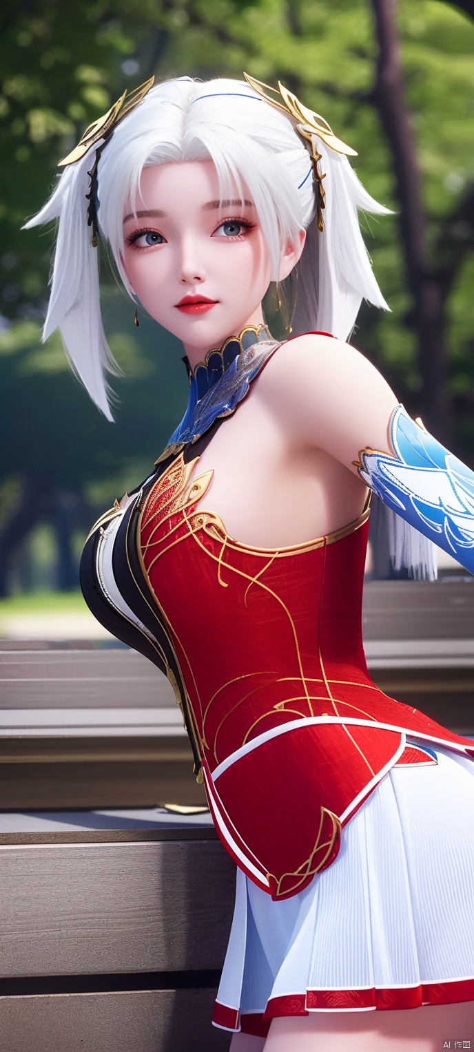 3D,masterpiece,(best quality),official art, extremely detailed cg 8k wallpaper,((crystalstexture skin)), (extremely delicate and beautiful),(highly detailed), qinger, 1girl, (red upper garment:1.4), (white short skirt:1.2), (white_hair:1.2) , solo, looking at viewer, cowboy_shot, realistic,masterpiece,best quality