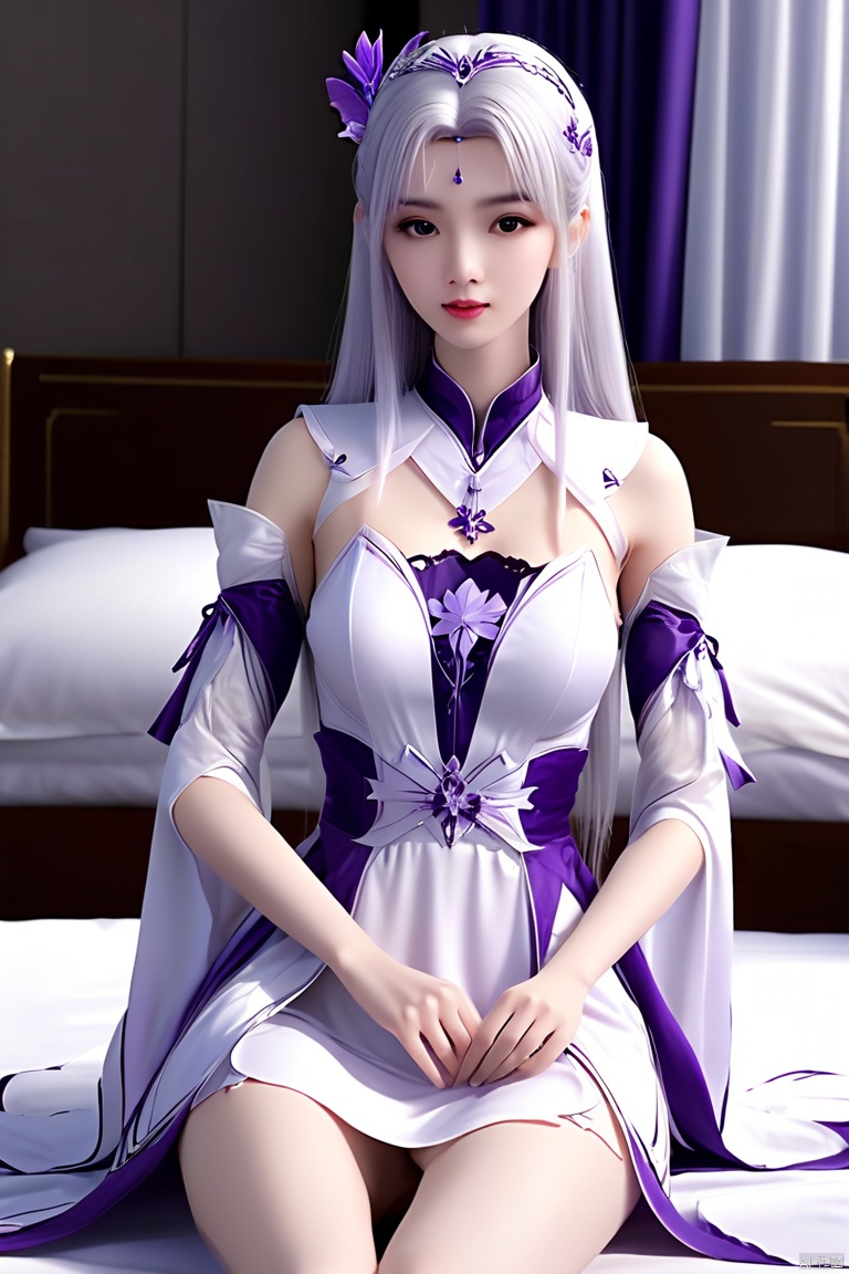 一个女人,银白色头发,紫色发饰,穿着白色连衣裙,精致的脸,sitting_on_bed,正确的身体比例,完美的手指,小医仙