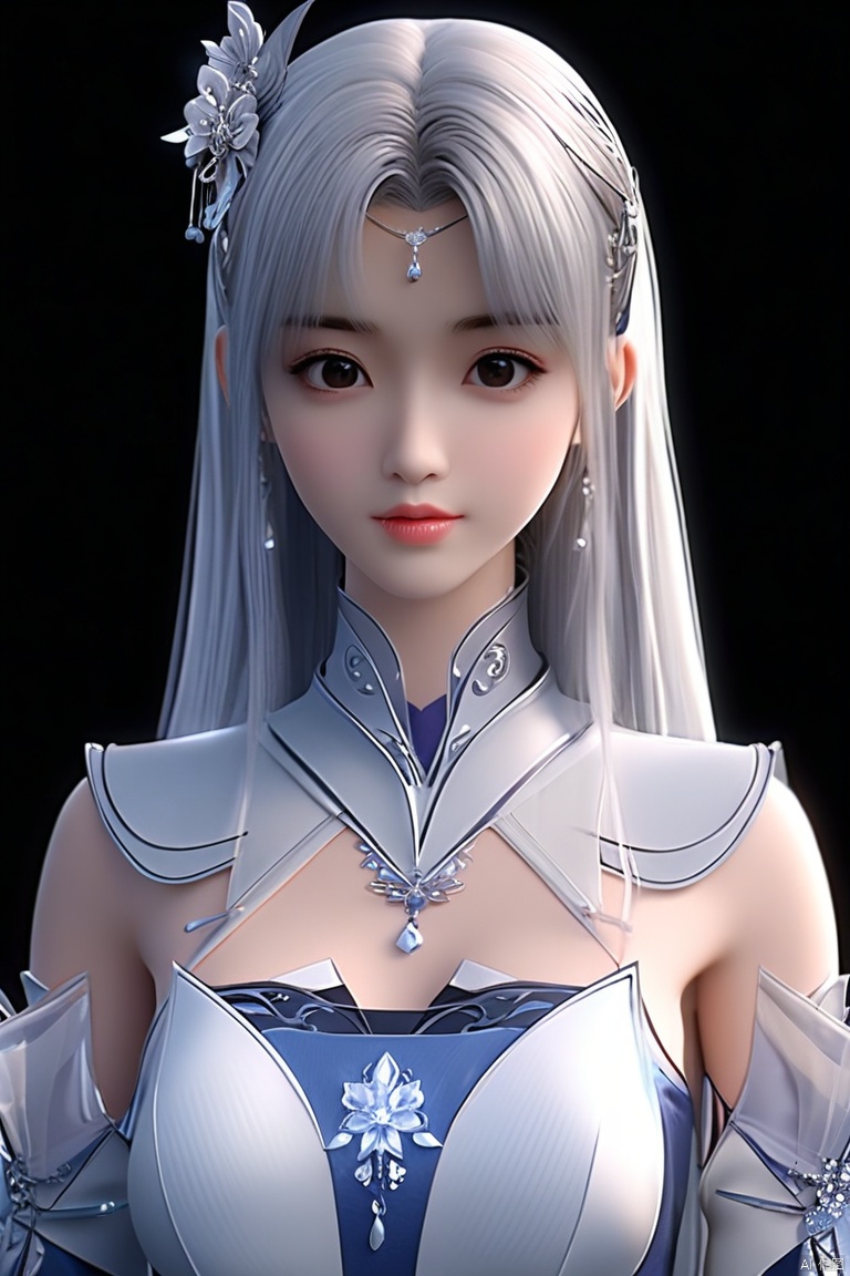 （8k,RAW照片,杰作：1.2）,正确的身体比例,完美的构图,超精细,极其精细的cg ,皮肤光泽,（水晶纹理皮肤：1.2）,1个中国女孩,精致的脸,国漫人物,独唱,银白色长发,简单背景,发饰,面纱,上身,独立袖子,白色连衣裙,看向前方,嘴面纱,小医仙