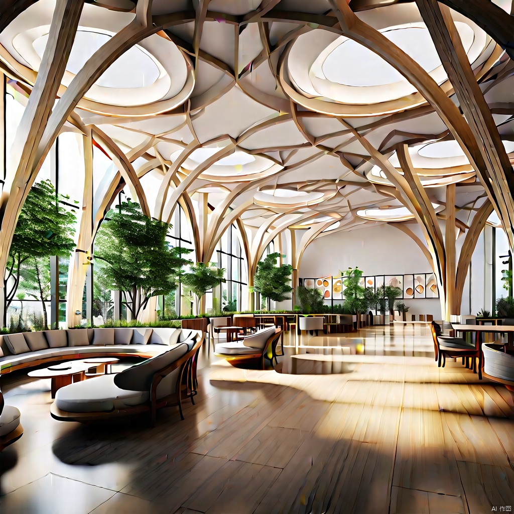 An open public space with no people present, surrounded by a natural and leisurely atmosphere. The space is furnished with minimalist style chairs and tables, abstract art paintings hanging on the walls, light-colored wooden floors, and soft lighting emitted from ceiling fixtures, creating a serene and relaxed scene. High-quality, high-resolution image depicting an empty public area bathed in a tranquil ambience, adorned with contemporary furniture and artworks, illuminated by gentle lighting fixtures, showcasing a peaceful and comfortable environment.