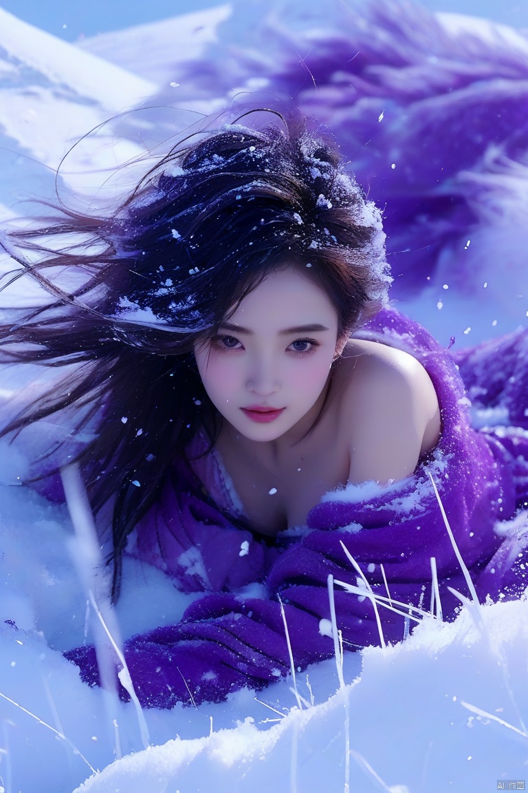 1美女在雪地爬行,凌乱的头发被风吹在脸上,露出大腿,半身,冬天,紫色火焰,绝美容颜,