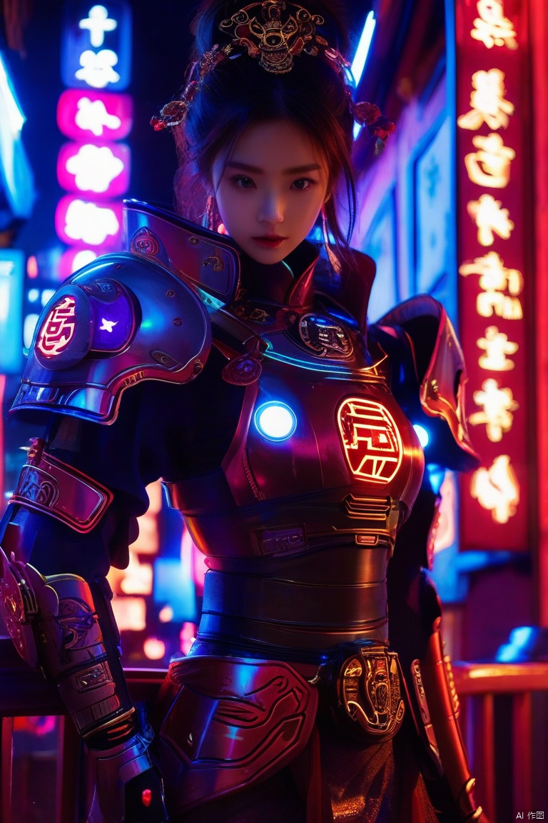 中国美女,铠甲,霓虹灯,夜晚,赛博朋克,中国元素