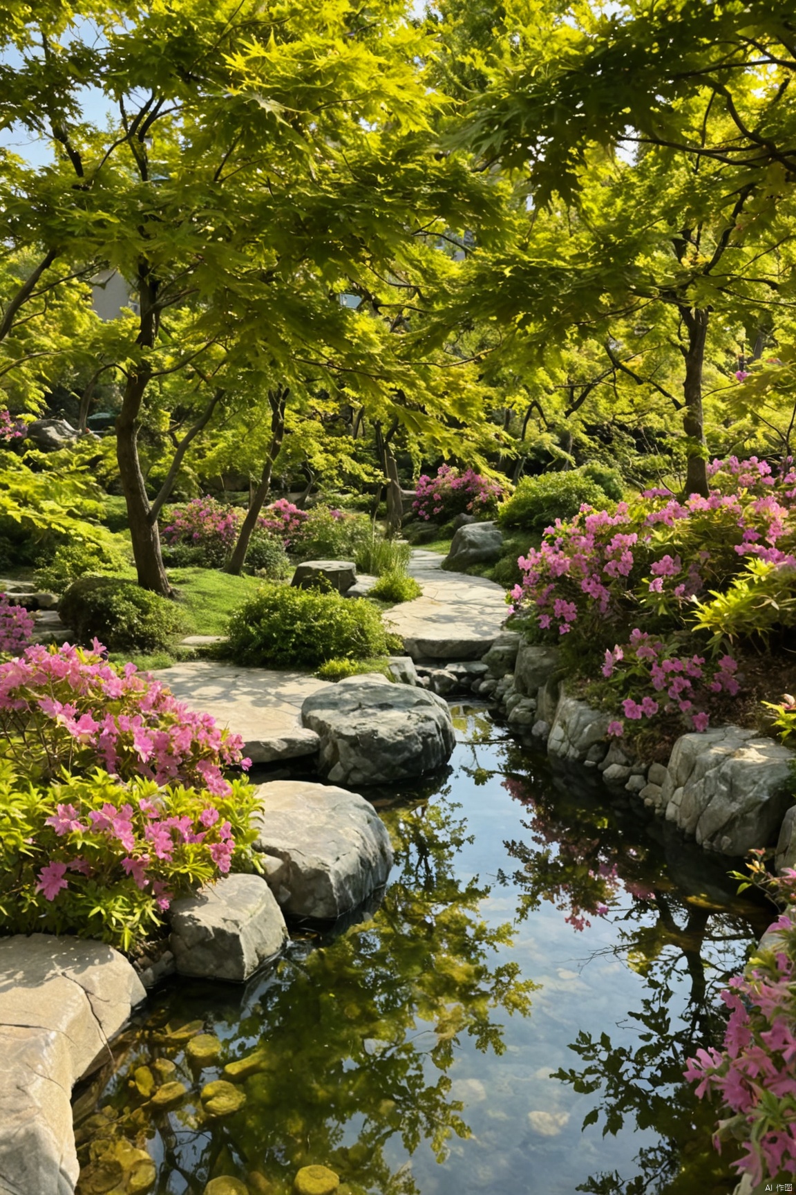 Azalea,(Natural landscape:1.05),maple tree,small bridge and flowing water,landscape sketch,
