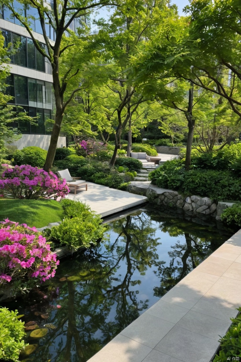 modern landscape,modern square,tree pool,azaleas,pedestrian,water,