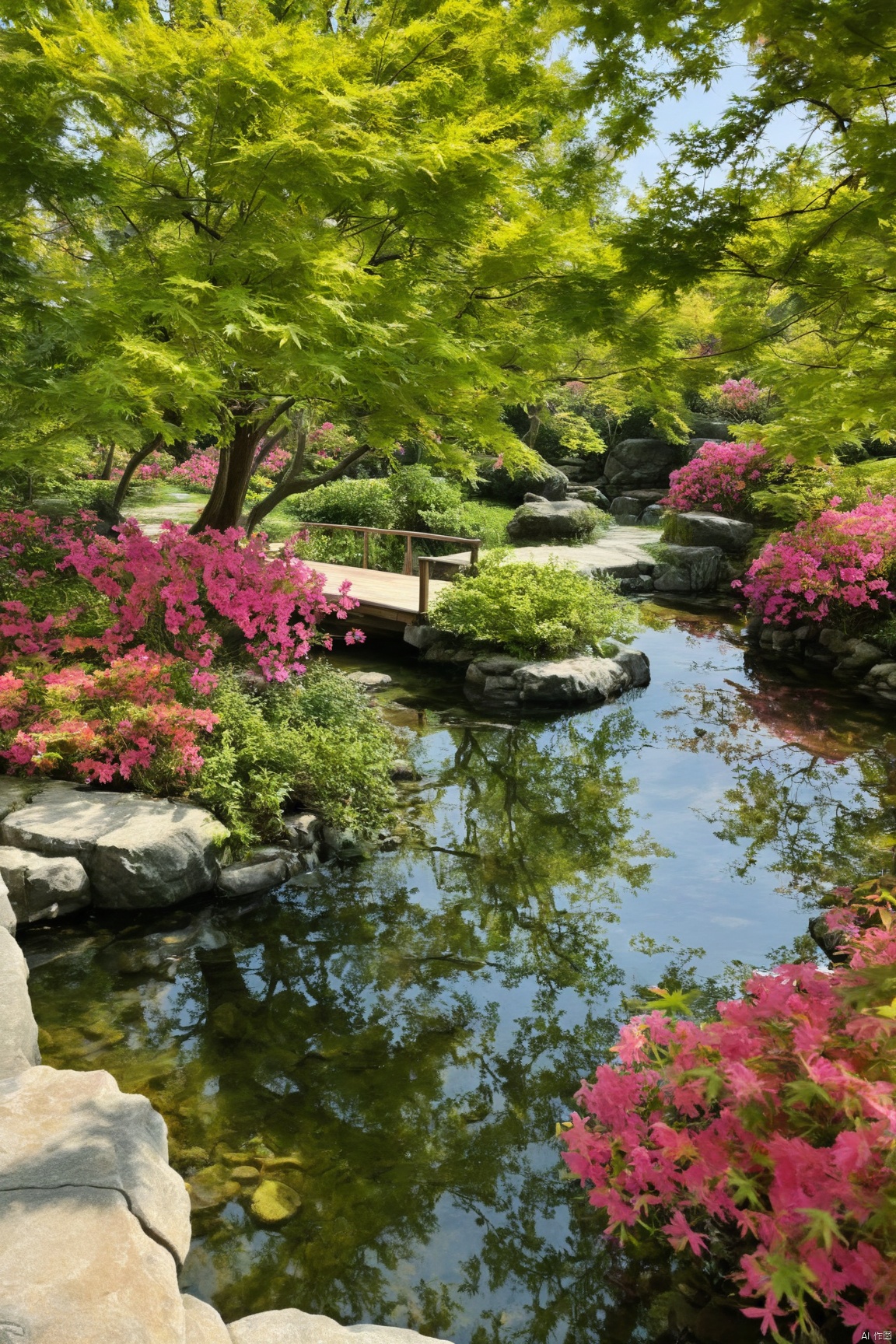 Azalea,(Natural landscape:1.05),maple tree,small bridge and flowing water,landscape sketch,