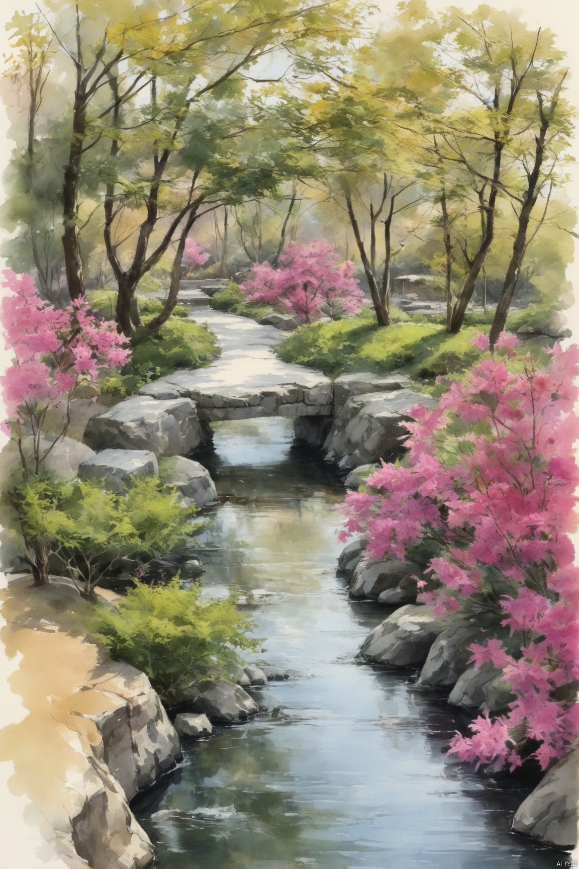 Azalea,(Natural landscape:1.05),maple tree,small bridge and flowing water,landscape sketch,