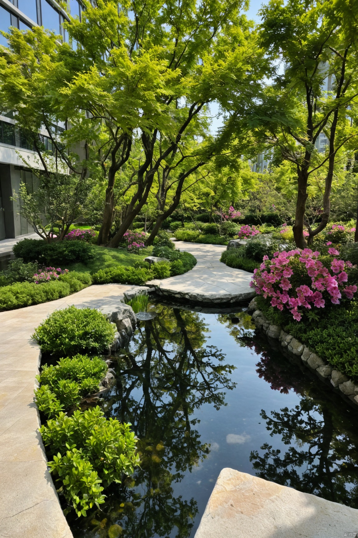 modern landscape,modern square,tree pool,azaleas,pedestrian,water,