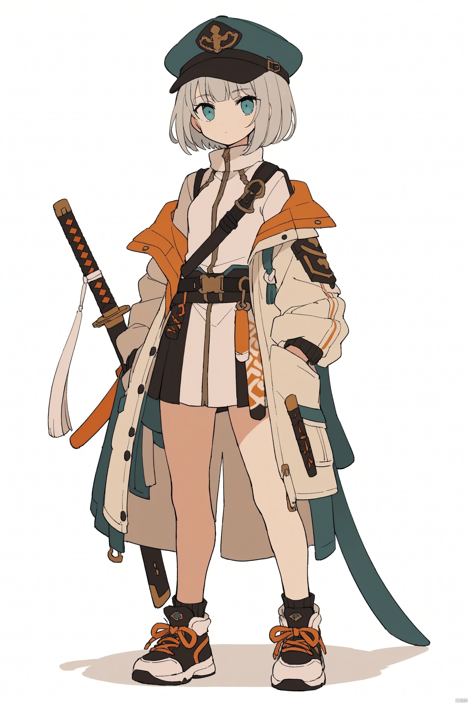 1girl, solo, looking at viewer, short hair, bangs, blue eyes, simple background, hat, white background, standing, jacket, full body, weapon, grey hair, shoes, belt, sword, off shoulder, aqua eyes, coat, shadow, katana, sheath, sneakers, science fiction, sheathed, scabbard, flat color, orange footwear,Iwashi 