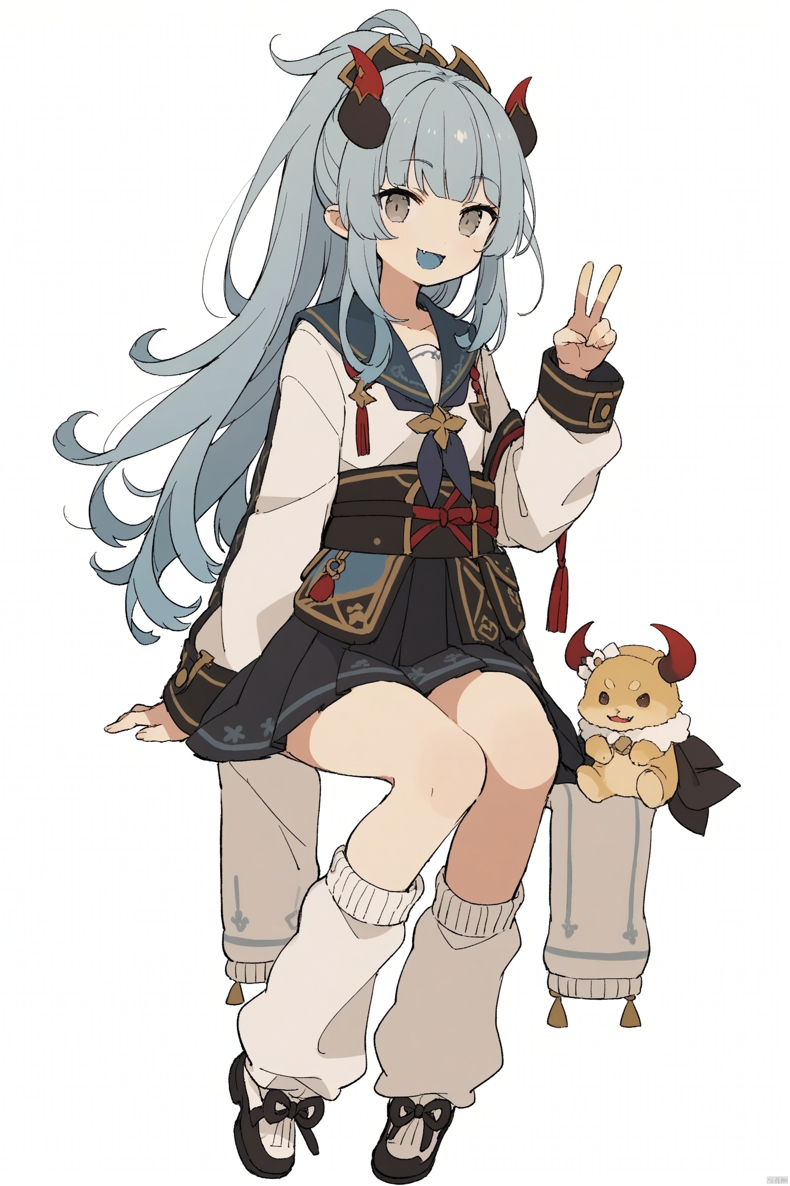 1girl, solo, long hair, looking at viewer, smile, open mouth, bangs, skirt, simple background, long sleeves, white background, holding, sitting, blue hair, full body, ponytail, :d, pleated skirt, horns, shoes, socks, fang, black skirt, grey eyes, v, white socks, loose socks, leg warmers, blue tongue,Iwashi 