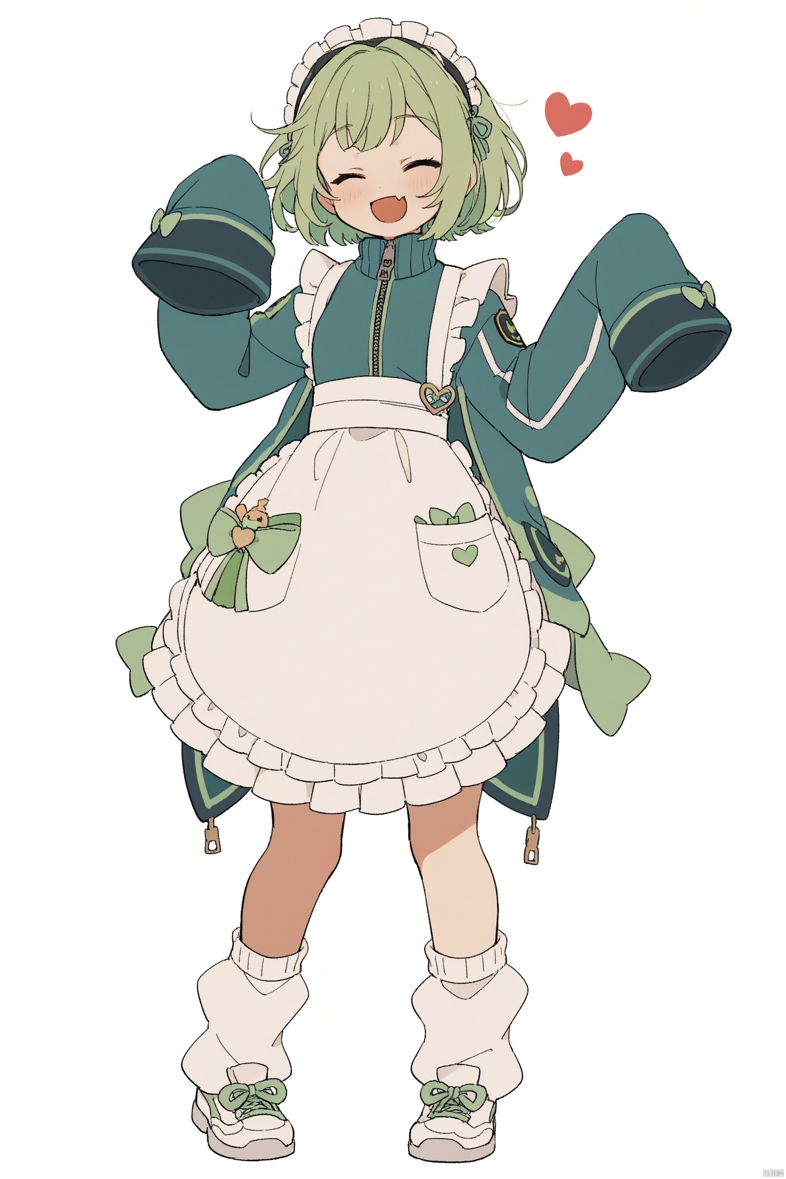 1girl, solo, blush, smile, short hair, open mouth, bangs, simple background, long sleeves, white background, bow, standing, jacket, full body, closed eyes, :d, heart, frills, green hair, shoes, socks, fang, apron, arm up, sleeves past wrists, maid, maid headdress, white footwear, white bow, white socks, blue jacket, sneakers, white apron, facing viewer, skin fang, maid apron, sleeves past fingers, zipper, track jacket, frilled apron, zipper pull tab, loose socks,Iwashi 