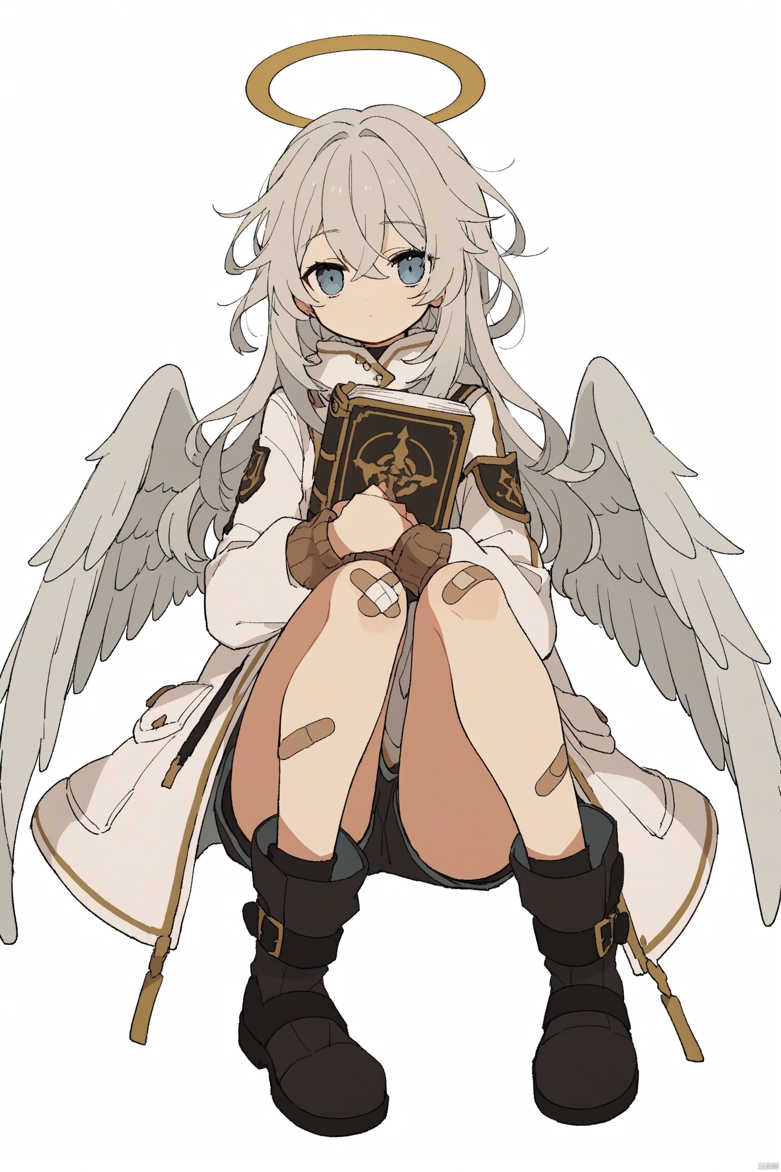 1girl, solo, long hair, looking at viewer, bangs, blue eyes, long sleeves, white background, hair between eyes, sitting, closed mouth, jacket, full body, white hair, grey hair, boots, wings, shorts, black footwear, book, halo, white jacket, bandaid, feathered wings, knees up, angel wings, angel, bandaid on leg, bandaid on knee,Iwashi 