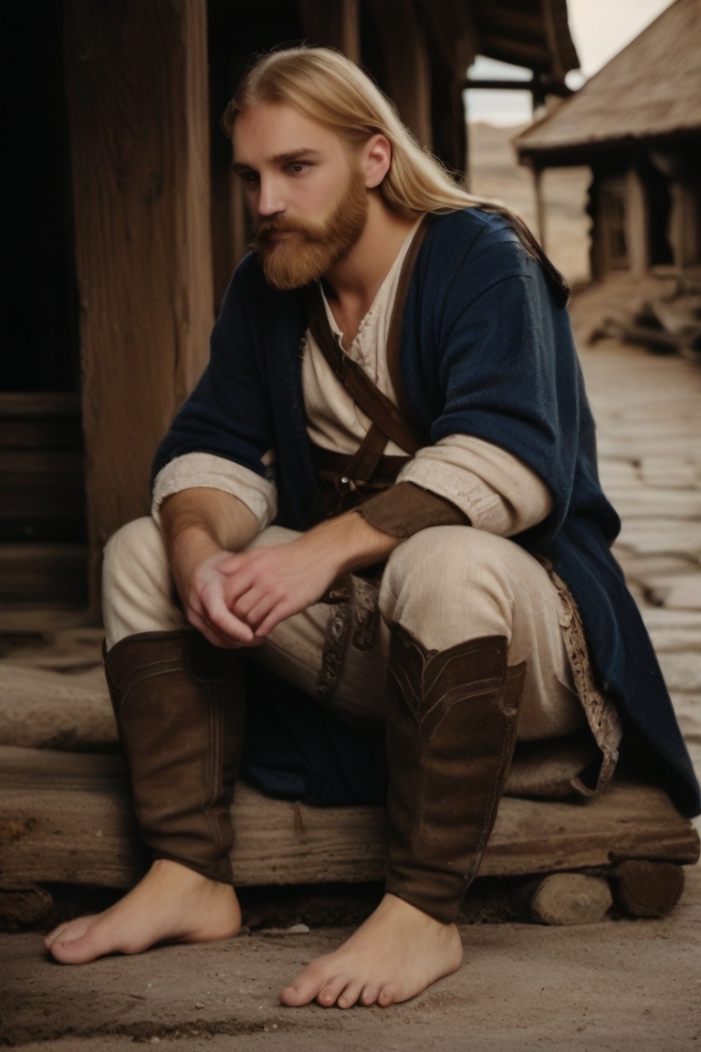 hirsute feet, skinny halfling ranger, thin halfling, thick blond hair, long beard, thick long beard, (hairy bare feet), blond hair on feet, hobbit feet, forgotten realms, dim light, somber, dramatic, high quality, detailed, Middle-earth,