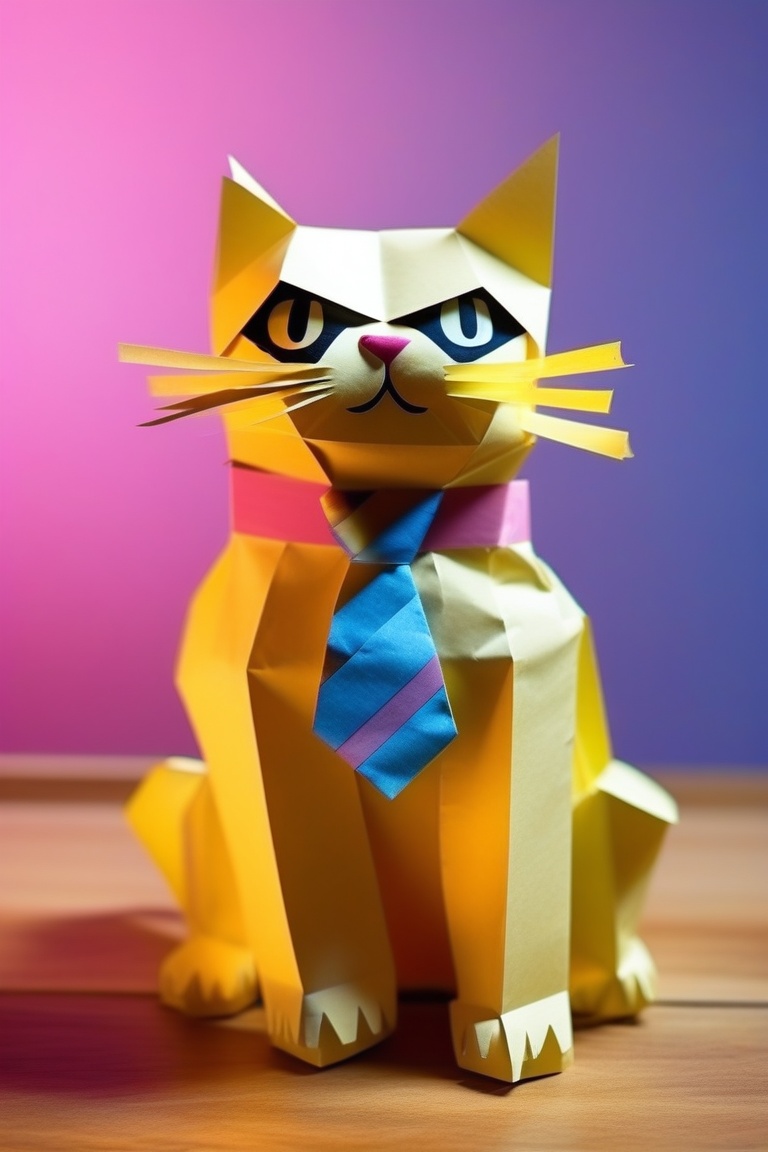 cat made of paper, cat with tie, close up, textured paper, on wooden table, fluorescent, glowing dust