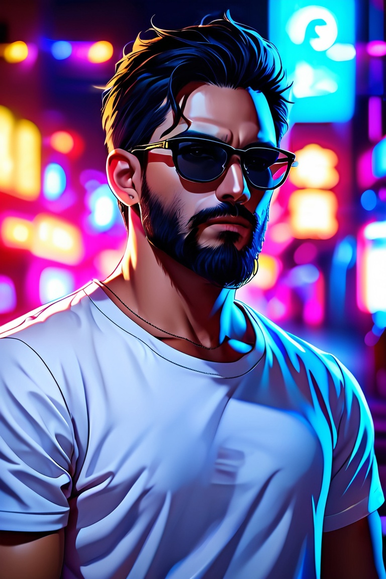 (best quality, 4k, 8k, highres, masterpiece), ultra-detailed, short hair, shirt, black hair, man, closed mouth, white shirt, upper body, male focus, glasses, blurry, blurry background, facial hair, night, sunglasses, t-shirt, beard, neon lights