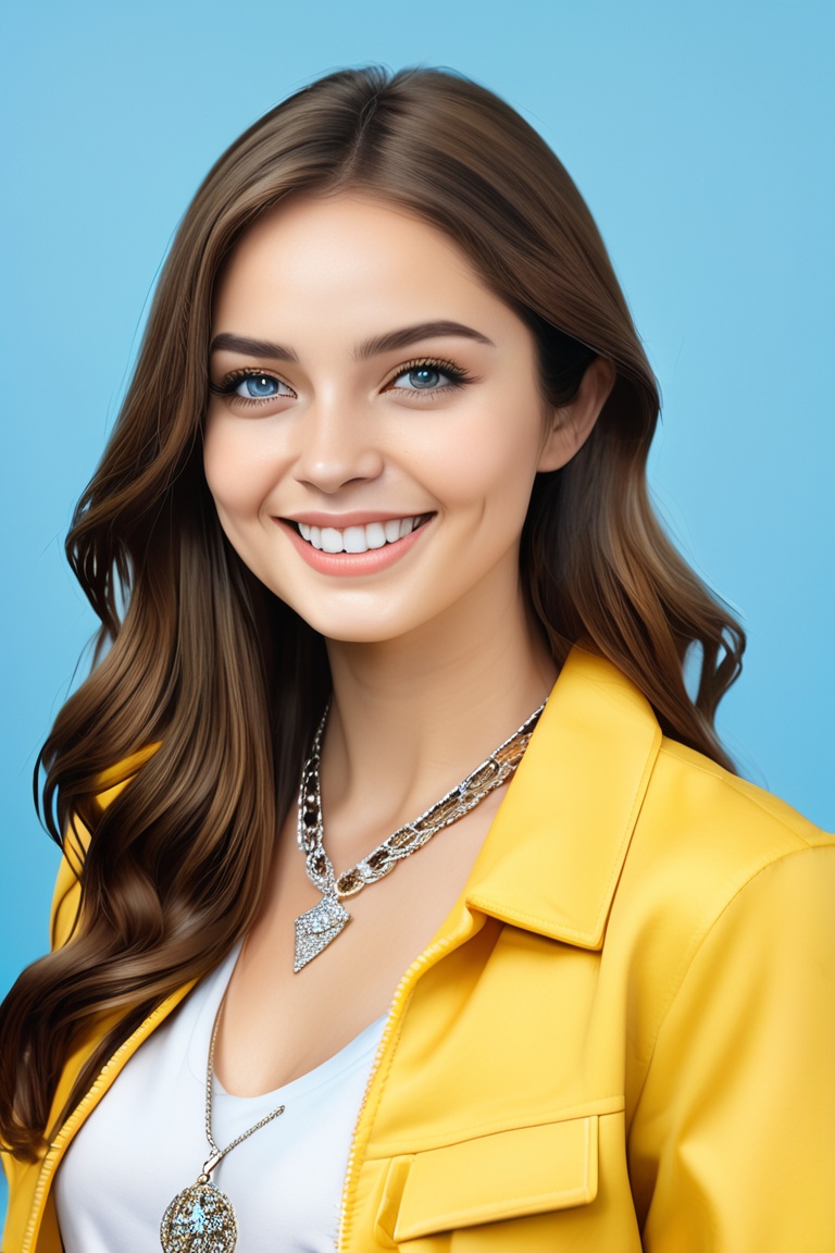 (best quality, 4k, 8k, highres, masterpiece), ultra-detailed, woman, long hair, smile, simple background, brown hair, jewelry, jacket, upper body, necklace, mole, looking to the side, blue background, realistic, yellow jacket
