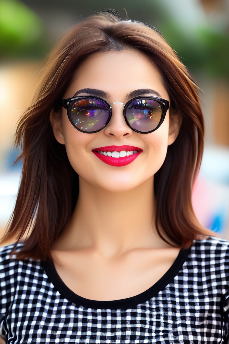 (best quality, 4k, 8k, highres, masterpiece), ultra-detailed, face makeup, cosmetic makeup, woman, long hair, shirt, brown hair, smile, upper body, short sleeves, glasses, mole, blurry, black shirt, lips, blurry background, sunglasses, mole under mouth, round eyewear, realistic, plaid shirt