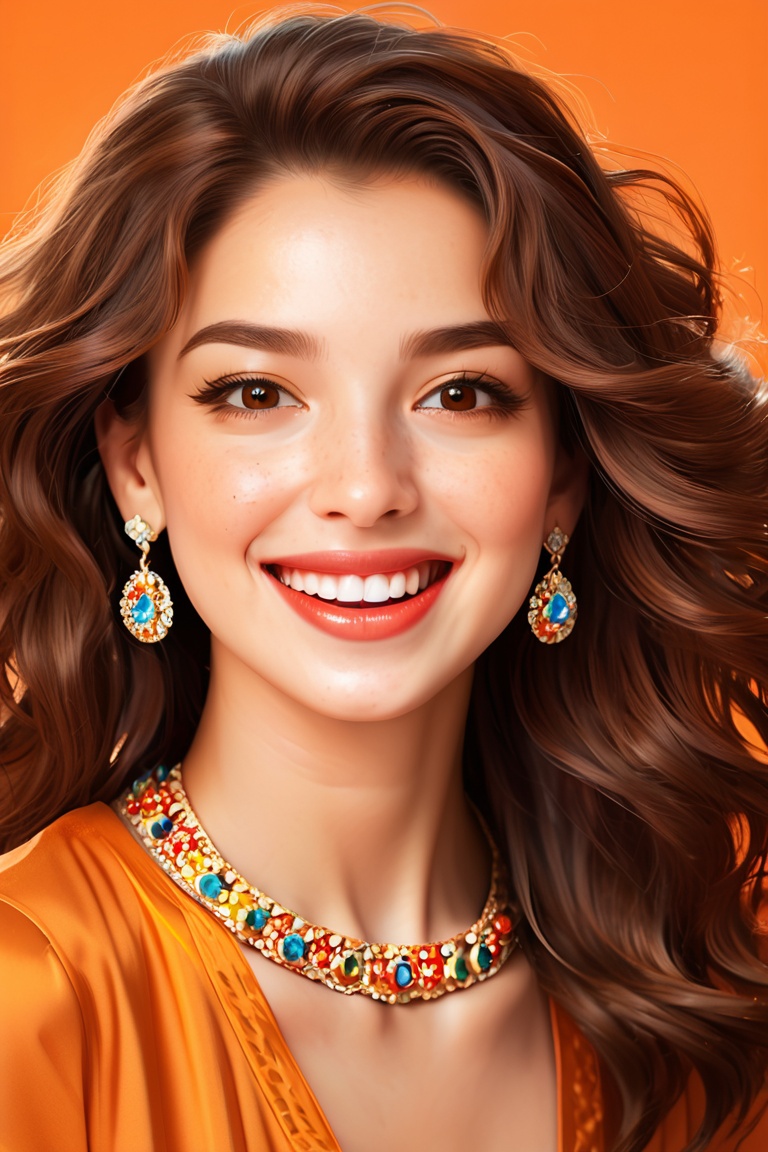(best quality, 4k, 8k, highres, masterpiece), ultra-detailed, woman, long hair, looking at viewer, smile, open mouth, simple background, brown hair, jewelry, brown eyes, upper body, earrings, teeth, head tilt, sharp teeth, curly hair, orange background, realistic