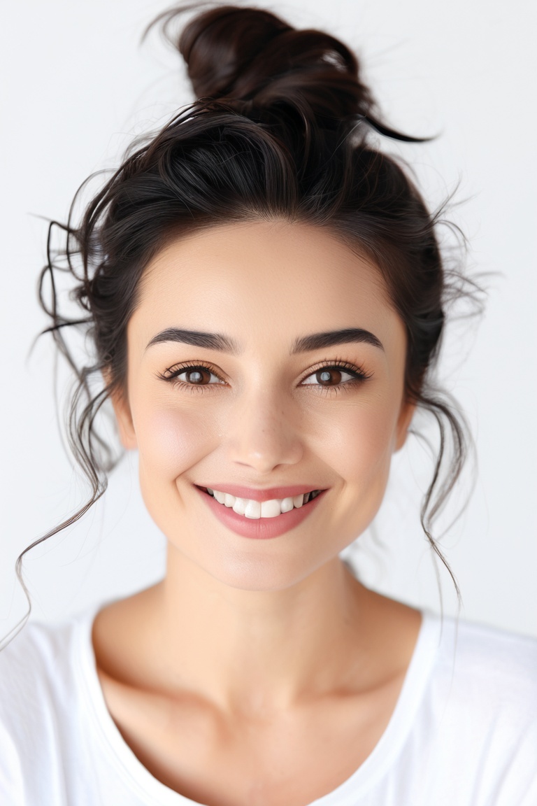 (best quality, 4k, 8k, highres, masterpiece), ultra-detailed, a woman wearing a white t - shirt with her hair in a messy bun and a smile on her face, woman, looking at viewer, smile, open mouth, simple background, shirt, black hair, white background, brown eyes, white shirt, teeth, portrait, realistic, photorealistic