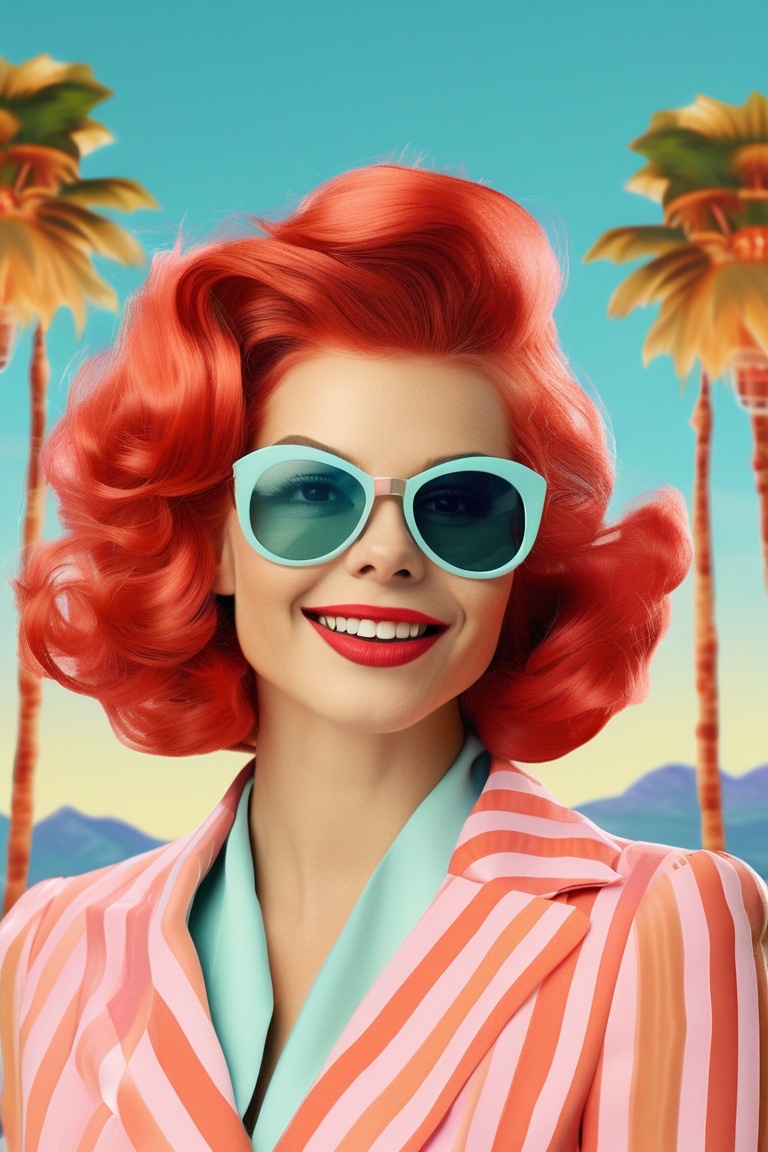 (best quality,8K,highres,masterpiece), ultra-detailed, a midcentury modern woman with red retro hair, wearing Palm Springs retro attire and sunglasses. happy smile, The portrait is infused with Wes Anderson's signature style, featuring symmetrical composition, pastel color palette, and meticulous attention to detail. pop surreal element to the scene. The overall composition evokes a sense of nostalgia and whimsy, capturing the essence of retro charm in a visually stunning portrait.