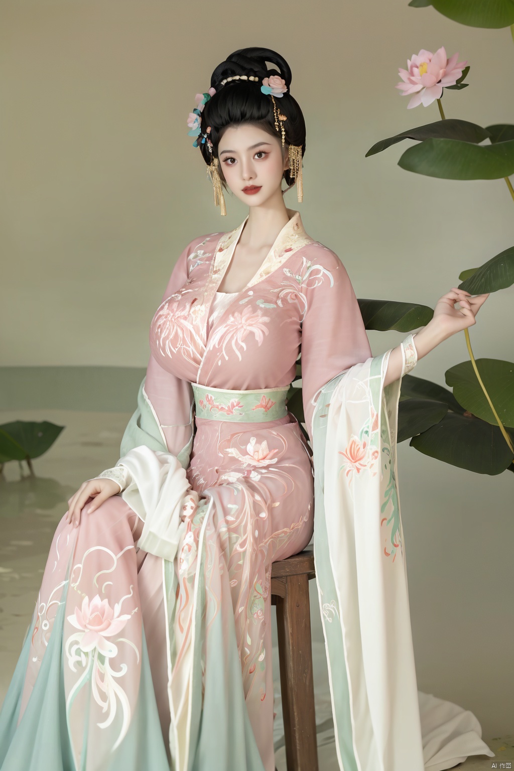  (1girl:1.1), (Lace pink-green skirt:1.39), on Stomach,aqua_earrings,Lights, lanterns, chang,(big breasts:1.56),hanfu, Best quality, Realistic, photorealistic, masterpiece, extremely detailed CG unity 8k wallpaper, best illumination, best shadow, huge filesize ,(huge breasts:1.79) incredibly absurdres, absurdres, looking at viewer, transparent, smog, gauze, vase, petals, room, ancient Chinese style, detailed background, wide shot background,
(((black hair))),(Sitting on the lotus pond porch:1.49) ,(A pond full of pink lotus flowers:1.5),close up of 1girl,Hairpins,hair ornament,hair wings,slim,narrow waist,perfect eyes,beautiful perfect face,pleasant smile,perfect female figure,detailed skin,charming,alluring,seductive,erotic,enchanting,delicate pattern,detailed complex and rich exquisite clothing detail,delicate intricate fabrics,
Morning Serenade In the gentle morning glow, (a woman in a pink lotus-patterned Hanfu stands in an indoor courtyard:1.36),(Chinese traditional dragon and phoenix embroidered Hanfu:1.3), admiring the tranquil garden scenery. The lotus-patterned Hanfu, embellished with silver-thread embroidery, is softly illuminated by the morning light. The light mint green Hanfu imparts a sense of calm and freshness, adorned with delicate lotus patterns, with a blurred background to enhance the peaceful atmosphere, song_hanfu, tang_hanfu,Xhanfu, Yunxiao_Fairy