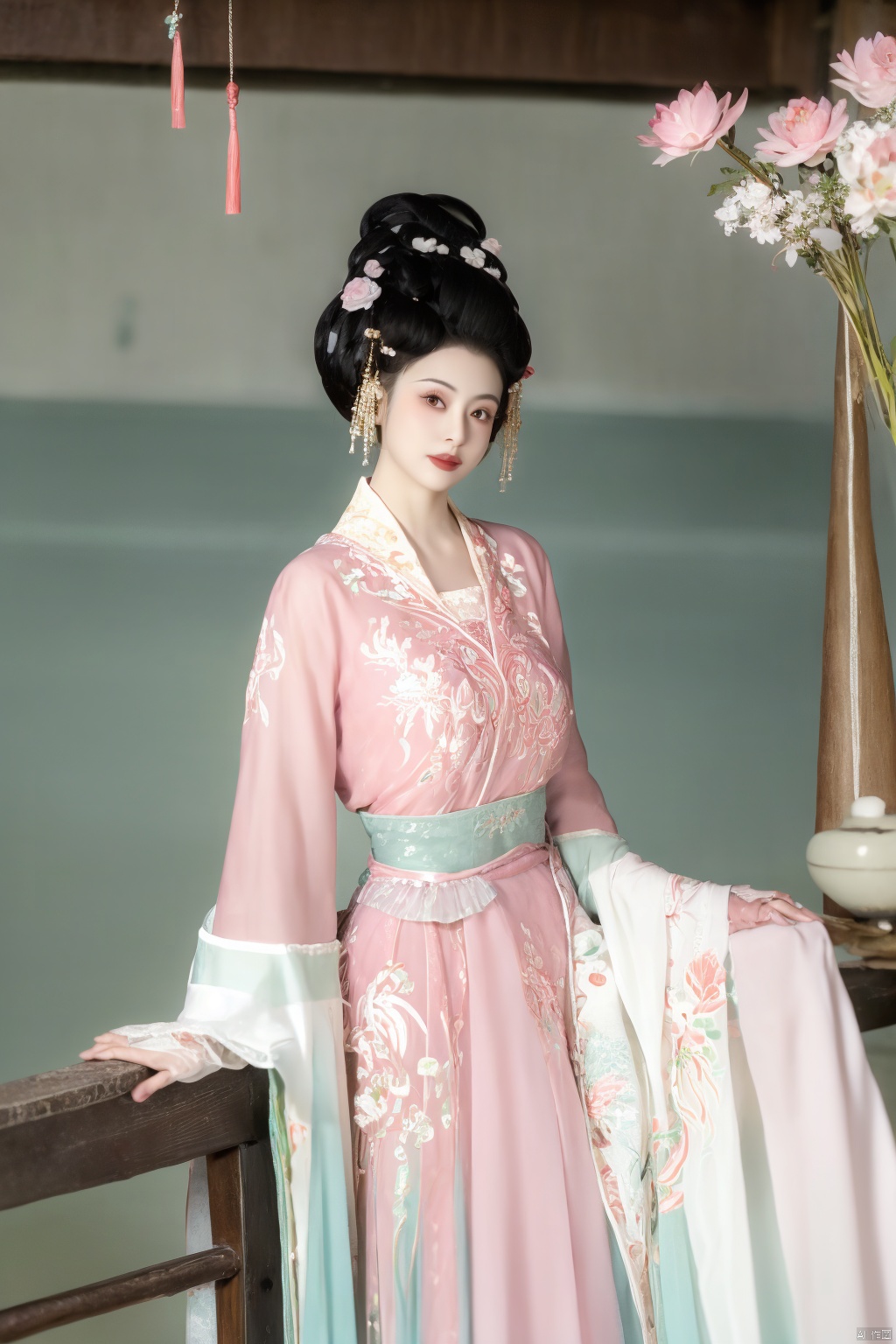  (1girl:1.1), (Lace pink-green skirt:1.39), on Stomach,aqua_earrings,Lights, lanterns, chang,(big breasts:1.56),hanfu, Best quality, Realistic, photorealistic, masterpiece, extremely detailed CG unity 8k wallpaper, best illumination, best shadow, huge filesize ,(huge breasts:1.79) incredibly absurdres, absurdres, looking at viewer, transparent, smog, gauze, vase, petals, room, ancient Chinese style, detailed background, wide shot background,
(((black hair))),(Sitting on the lotus pond porch:1.49) ,(A pond full of pink lotus flowers:1.5),close up of 1girl,Hairpins,hair ornament,hair wings,slim,narrow waist,perfect eyes,beautiful perfect face,pleasant smile,perfect female figure,detailed skin,charming,alluring,seductive,erotic,enchanting,delicate pattern,detailed complex and rich exquisite clothing detail,delicate intricate fabrics,
Morning Serenade In the gentle morning glow, (a woman in a pink lotus-patterned Hanfu stands in an indoor courtyard:1.36),(Chinese traditional dragon and phoenix embroidered Hanfu:1.3), admiring the tranquil garden scenery. The lotus-patterned Hanfu, embellished with silver-thread embroidery, is softly illuminated by the morning light. The light mint green Hanfu imparts a sense of calm and freshness, adorned with delicate lotus patterns, with a blurred background to enhance the peaceful atmosphere, song_hanfu, tang_hanfu,Xhanfu, Yunxiao_Fairy