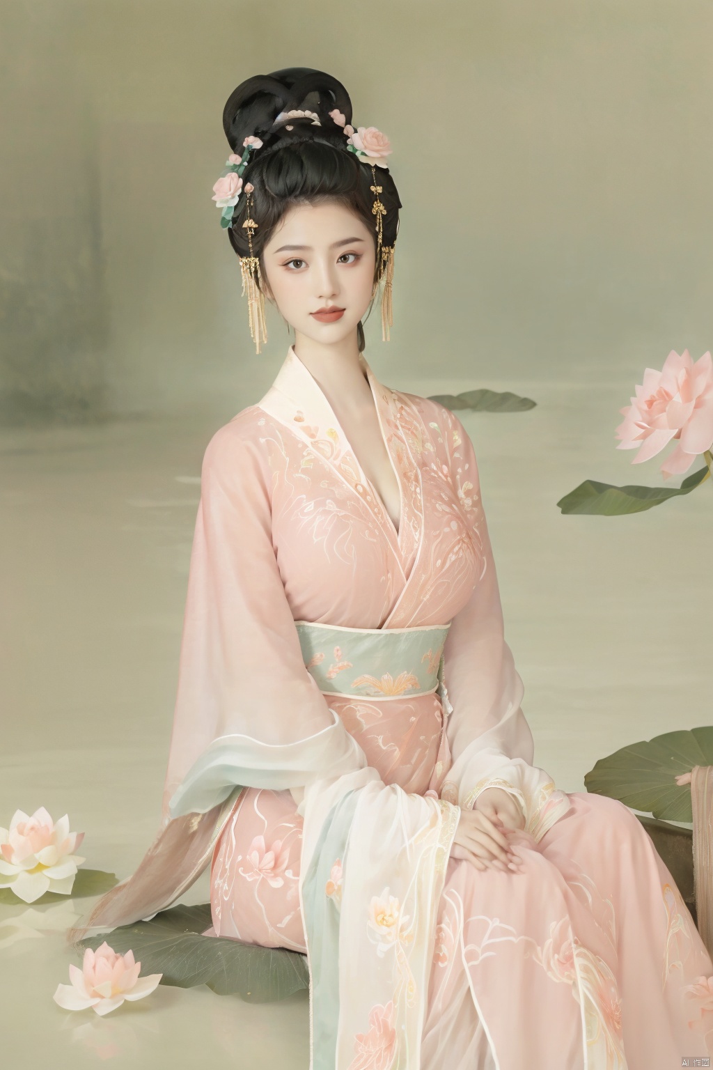  (1girl:1.1), (Lace pink-green skirt:1.39), on Stomach,aqua_earrings,Lights, lanterns, chang,(big breasts:1.56),hanfu, Best quality, Realistic, photorealistic, masterpiece, extremely detailed CG unity 8k wallpaper, best illumination, best shadow, huge filesize ,(huge breasts:1.79) incredibly absurdres, absurdres, looking at viewer, transparent, smog, gauze, vase, petals, room, ancient Chinese style, detailed background, wide shot background,
(((black hair))),(Sitting on the lotus pond porch:1.49) ,(A pond full of pink lotus flowers:1.5),close up of 1girl,Hairpins,hair ornament,hair wings,slim,narrow waist,perfect eyes,beautiful perfect face,pleasant smile,perfect female figure,detailed skin,charming,alluring,seductive,erotic,enchanting,delicate pattern,detailed complex and rich exquisite clothing detail,delicate intricate fabrics,
Morning Serenade In the gentle morning glow, (a woman in a pink lotus-patterned Hanfu stands in an indoor courtyard:1.36),(Chinese traditional dragon and phoenix embroidered Hanfu:1.3), admiring the tranquil garden scenery. The lotus-patterned Hanfu, embellished with silver-thread embroidery, is softly illuminated by the morning light. The light mint green Hanfu imparts a sense of calm and freshness, adorned with delicate lotus patterns, with a blurred background to enhance the peaceful atmosphere, song_hanfu, tang_hanfu,Xhanfu, Yunxiao_Fairy