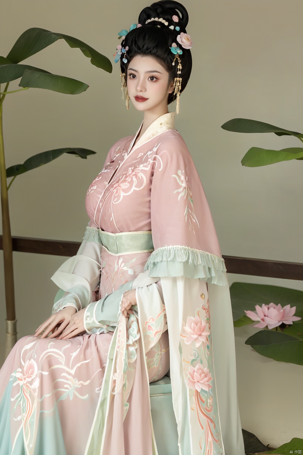  (1girl:1.1), (Lace pink-green skirt:1.39), on Stomach,aqua_earrings,Lights, lanterns, chang,(big breasts:1.56),hanfu, Best quality, Realistic, photorealistic, masterpiece, extremely detailed CG unity 8k wallpaper, best illumination, best shadow, huge filesize ,(huge breasts:1.79) incredibly absurdres, absurdres, looking at viewer, transparent, smog, gauze, vase, petals, room, ancient Chinese style, detailed background, wide shot background,
(((black hair))),(Sitting on the lotus pond porch:1.49) ,(A pond full of pink lotus flowers:1.5),close up of 1girl,Hairpins,hair ornament,hair wings,slim,narrow waist,perfect eyes,beautiful perfect face,pleasant smile,perfect female figure,detailed skin,charming,alluring,seductive,erotic,enchanting,delicate pattern,detailed complex and rich exquisite clothing detail,delicate intricate fabrics,
Morning Serenade In the gentle morning glow, (a woman in a pink lotus-patterned Hanfu stands in an indoor courtyard:1.36),(Chinese traditional dragon and phoenix embroidered Hanfu:1.3), admiring the tranquil garden scenery. The lotus-patterned Hanfu, embellished with silver-thread embroidery, is softly illuminated by the morning light. The light mint green Hanfu imparts a sense of calm and freshness, adorned with delicate lotus patterns, with a blurred background to enhance the peaceful atmosphere, song_hanfu, tang_hanfu,Xhanfu, Yunxiao_Fairy