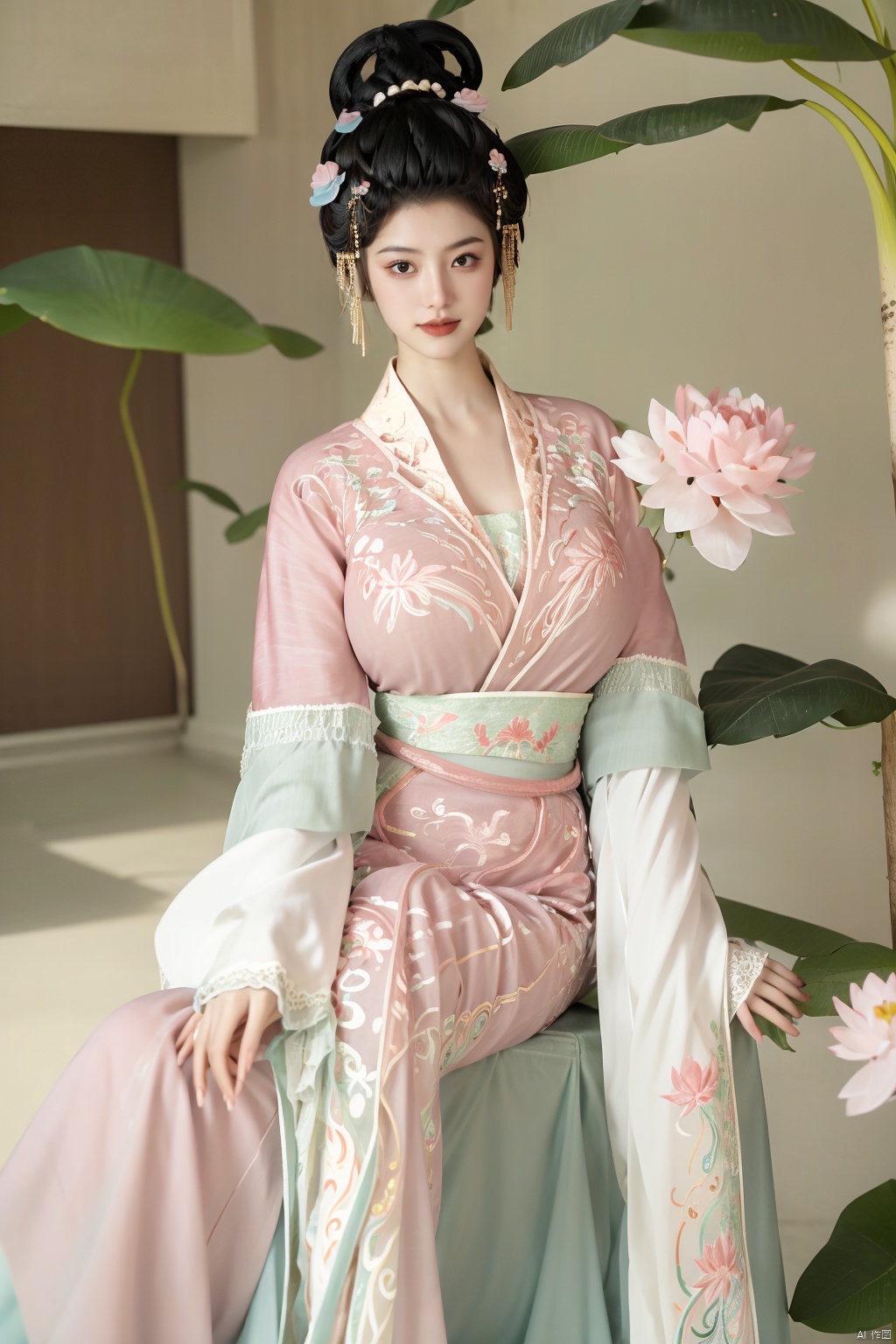  (1girl:1.1), (Lace pink-green skirt:1.39), on Stomach,aqua_earrings,Lights, lanterns, chang,(big breasts:1.56),hanfu, Best quality, Realistic, photorealistic, masterpiece, extremely detailed CG unity 8k wallpaper, best illumination, best shadow, huge filesize ,(huge breasts:1.79) incredibly absurdres, absurdres, looking at viewer, transparent, smog, gauze, vase, petals, room, ancient Chinese style, detailed background, wide shot background,
(((black hair))),(Sitting on the lotus pond porch:1.49) ,(A pond full of pink lotus flowers:1.5),close up of 1girl,Hairpins,hair ornament,hair wings,slim,narrow waist,perfect eyes,beautiful perfect face,pleasant smile,perfect female figure,detailed skin,charming,alluring,seductive,erotic,enchanting,delicate pattern,detailed complex and rich exquisite clothing detail,delicate intricate fabrics,
Morning Serenade In the gentle morning glow, (a woman in a pink lotus-patterned Hanfu stands in an indoor courtyard:1.36),(Chinese traditional dragon and phoenix embroidered Hanfu:1.3), admiring the tranquil garden scenery. The lotus-patterned Hanfu, embellished with silver-thread embroidery, is softly illuminated by the morning light. The light mint green Hanfu imparts a sense of calm and freshness, adorned with delicate lotus patterns, with a blurred background to enhance the peaceful atmosphere, song_hanfu, tang_hanfu,Xhanfu, Yunxiao_Fairy