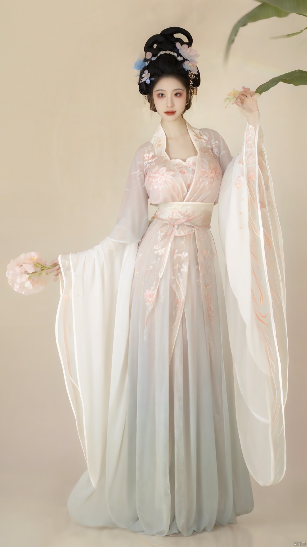  masterpiece,qingyi,danya,1girl,black hair,hanfu,(flower:1.5),realistic,hair ornament,chinese clothes,(Rainbow gradient colors dress:1.39),black eyes,long sleeves,holding,holding flower,,hanfu,cho girl, longfeihanfu,looking at viewer,(big breasts:1.79), Yunxiao_Fairy,Xhanfu