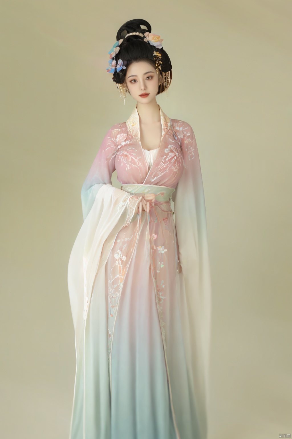  masterpiece,qingyi,danya,1girl,black hair,hanfu,(flower:1.5),realistic,hair ornament,chinese clothes,(Rainbow gradient colors dress:1.5),black eyes,long sleeves,holding,holding flower,,hanfu,cho girl, longfeihanfu,looking at viewer,(big breasts:1.79), Yunxiao_Fairy,Xhanfu