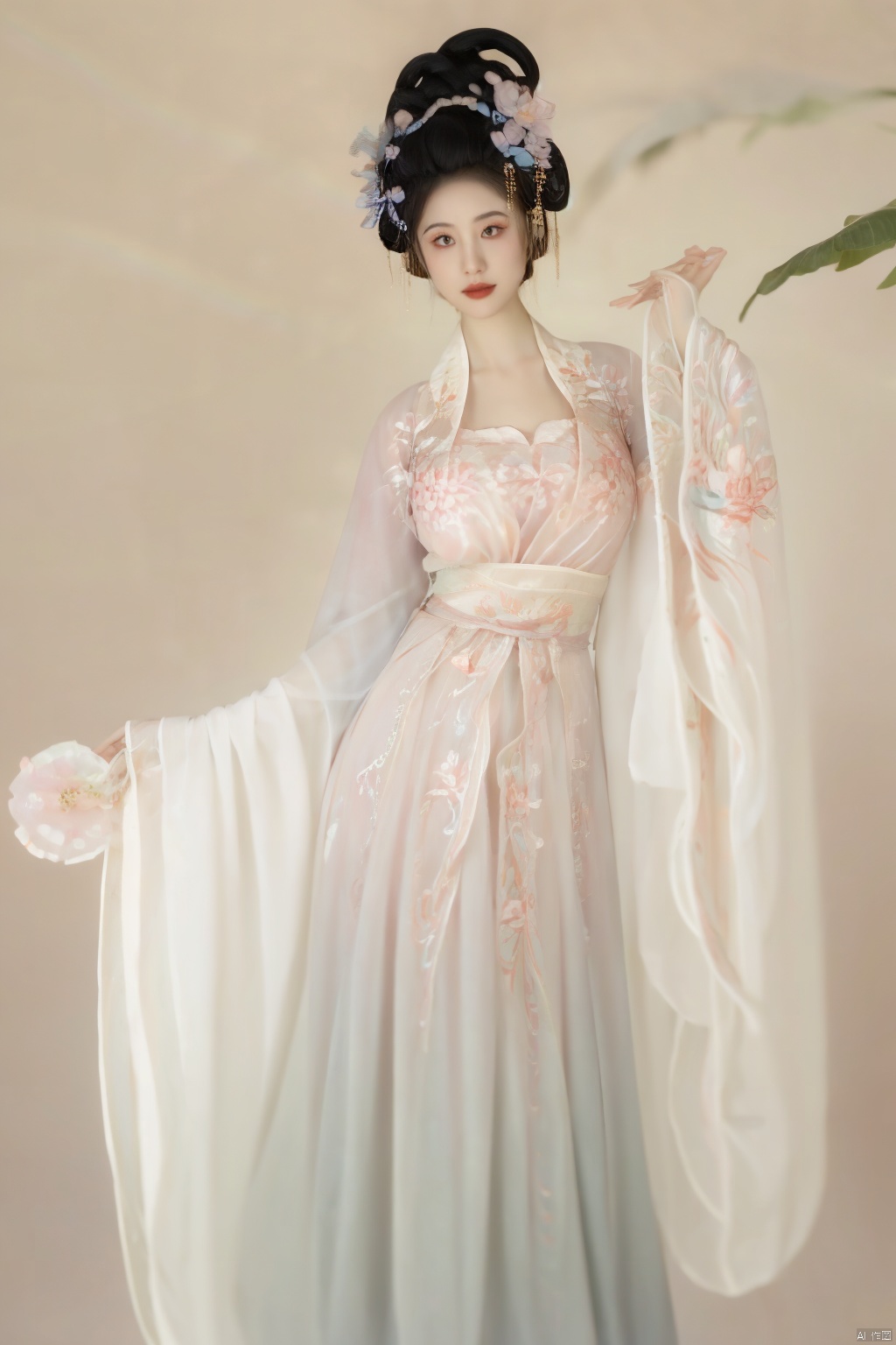 masterpiece,qingyi,danya,1girl,black hair,hanfu,(flower:1.5),realistic,hair ornament,chinese clothes,(Rainbow gradient colors dress:1.5),black eyes,long sleeves,holding,holding flower,,hanfu,cho girl, longfeihanfu,looking at viewer,(big breasts:1.79), Yunxiao_Fairy,Xhanfu