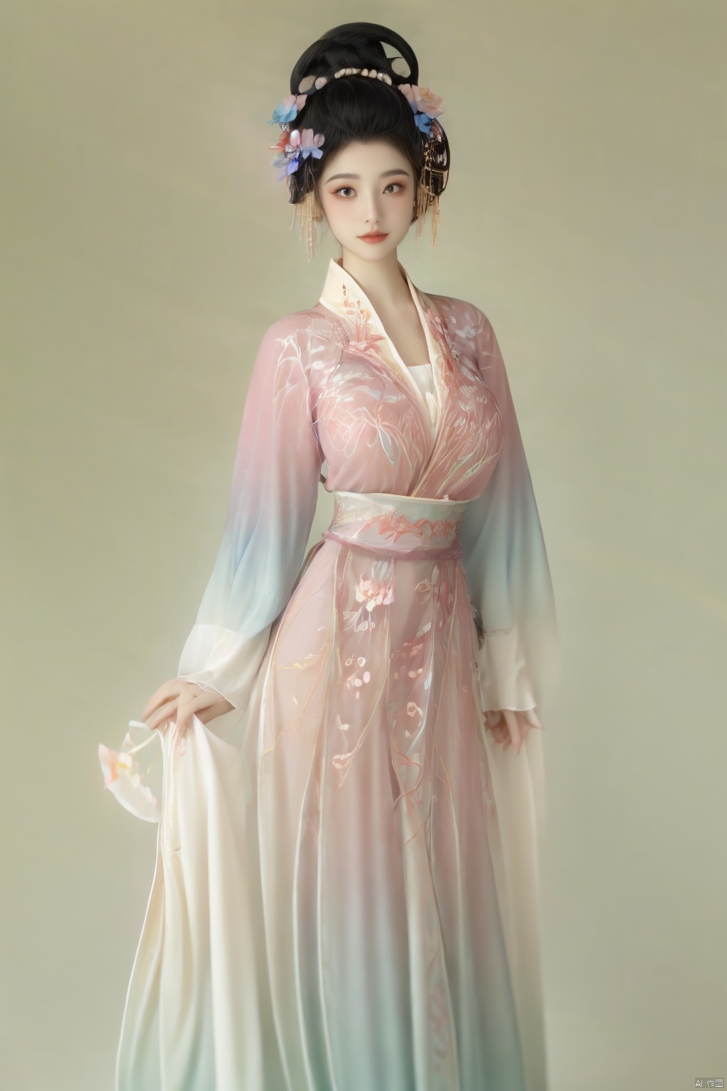  masterpiece,qingyi,danya,1girl,black hair,hanfu,(flower:1.5),realistic,hair ornament,chinese clothes,(Rainbow gradient colors dress:1.5),black eyes,long sleeves,holding,holding flower,,hanfu,cho girl, longfeihanfu,looking at viewer,(big breasts:1.79), Yunxiao_Fairy,Xhanfu