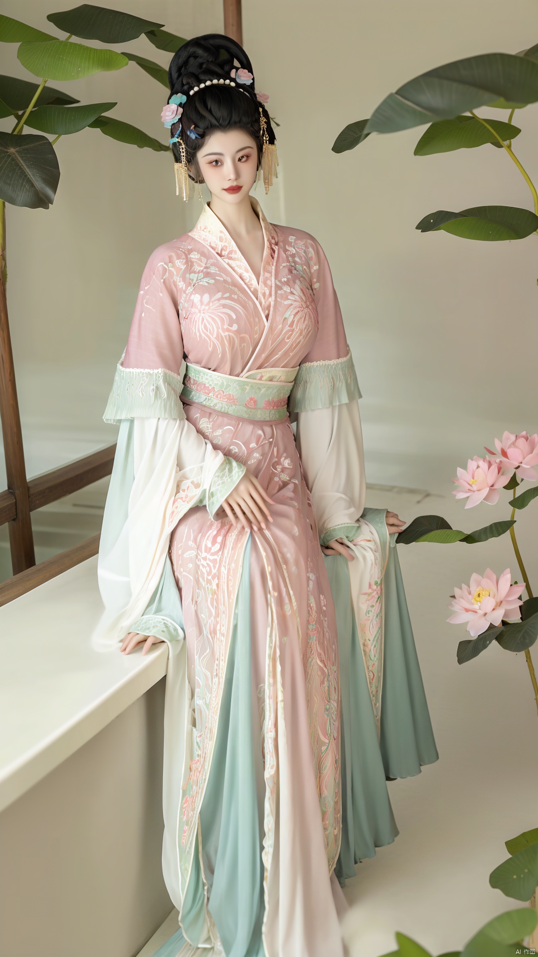  (1girl:1.1), (Lace pink-green skirt:1.39), on Stomach,aqua_earrings,Lights, lanterns, chang,(big breasts:1.56),hanfu, Best quality, Realistic, photorealistic, masterpiece, extremely detailed CG unity 8k wallpaper, best illumination, best shadow, huge filesize ,(huge breasts:1.59) incredibly absurdres, absurdres, looking at viewer, transparent, smog, gauze, vase, petals, room, ancient Chinese style, detailed background, wide shot background,
(((black hair))),(Sitting on the lotus pond porch:1.49) ,(A pond full of pink lotus flowers:1.5),close up of 1girl,Hairpins,hair ornament,hair wings,slim,narrow waist,perfect eyes,beautiful perfect face,pleasant smile,perfect female figure,detailed skin,charming,alluring,seductive,erotic,enchanting,delicate pattern,detailed complex and rich exquisite clothing detail,delicate intricate fabrics,
Morning Serenade In the gentle morning glow, (a woman in a pink lotus-patterned Hanfu stands in an indoor courtyard:1.36),(Chinese traditional dragon and phoenix embroidered Hanfu:1.3), admiring the tranquil garden scenery. The lotus-patterned Hanfu, embellished with silver-thread embroidery, is softly illuminated by the morning light. The light mint green Hanfu imparts a sense of calm and freshness, adorned with delicate lotus patterns, with a blurred background to enhance the peaceful atmosphere, song_hanfu, tang_hanfu,Xhanfu, Yunxiao_Fairy