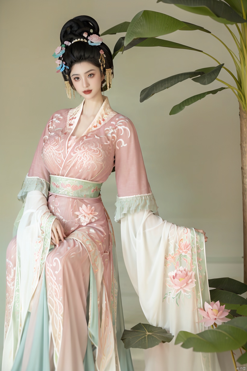  (1girl:1.1), (Lace pink-green skirt:1.39), on Stomach,aqua_earrings,Lights, lanterns, chang,(big breasts:1.56),hanfu, Best quality, Realistic, photorealistic, masterpiece, extremely detailed CG unity 8k wallpaper, best illumination, best shadow, huge filesize ,(huge breasts:1.59) incredibly absurdres, absurdres, looking at viewer, transparent, smog, gauze, vase, petals, room, ancient Chinese style, detailed background, wide shot background,
(((black hair))),(Sitting on the lotus pond porch:1.49) ,(A pond full of pink lotus flowers:1.5),close up of 1girl,Hairpins,hair ornament,hair wings,slim,narrow waist,perfect eyes,beautiful perfect face,pleasant smile,perfect female figure,detailed skin,charming,alluring,seductive,erotic,enchanting,delicate pattern,detailed complex and rich exquisite clothing detail,delicate intricate fabrics,
Morning Serenade In the gentle morning glow, (a woman in a pink lotus-patterned Hanfu stands in an indoor courtyard:1.36),(Chinese traditional dragon and phoenix embroidered Hanfu:1.3), admiring the tranquil garden scenery. The lotus-patterned Hanfu, embellished with silver-thread embroidery, is softly illuminated by the morning light. The light mint green Hanfu imparts a sense of calm and freshness, adorned with delicate lotus patterns, with a blurred background to enhance the peaceful atmosphere, song_hanfu, tang_hanfu,Xhanfu, Yunxiao_Fairy