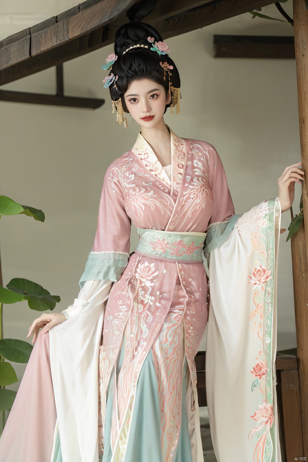  (1girl:1.1), (Lace pink-green skirt:1.39), on Stomach,aqua_earrings,Lights, lanterns, chang,(big breasts:1.56),hanfu, Best quality, Realistic, photorealistic, masterpiece, extremely detailed CG unity 8k wallpaper, best illumination, best shadow, huge filesize ,(huge breasts:1.59) incredibly absurdres, absurdres, looking at viewer, transparent, smog, gauze, vase, petals, room, ancient Chinese style, detailed background, wide shot background,
(((black hair))),(Sitting on the lotus pond porch:1.49) ,(A pond full of pink lotus flowers:1.5),close up of 1girl,Hairpins,hair ornament,hair wings,slim,narrow waist,perfect eyes,beautiful perfect face,pleasant smile,perfect female figure,detailed skin,charming,alluring,seductive,erotic,enchanting,delicate pattern,detailed complex and rich exquisite clothing detail,delicate intricate fabrics,
Morning Serenade In the gentle morning glow, (a woman in a pink lotus-patterned Hanfu stands in an indoor courtyard:1.36),(Chinese traditional dragon and phoenix embroidered Hanfu:1.3), admiring the tranquil garden scenery. The lotus-patterned Hanfu, embellished with silver-thread embroidery, is softly illuminated by the morning light. The light mint green Hanfu imparts a sense of calm and freshness, adorned with delicate lotus patterns, with a blurred background to enhance the peaceful atmosphere, song_hanfu, tang_hanfu,Xhanfu, Yunxiao_Fairy