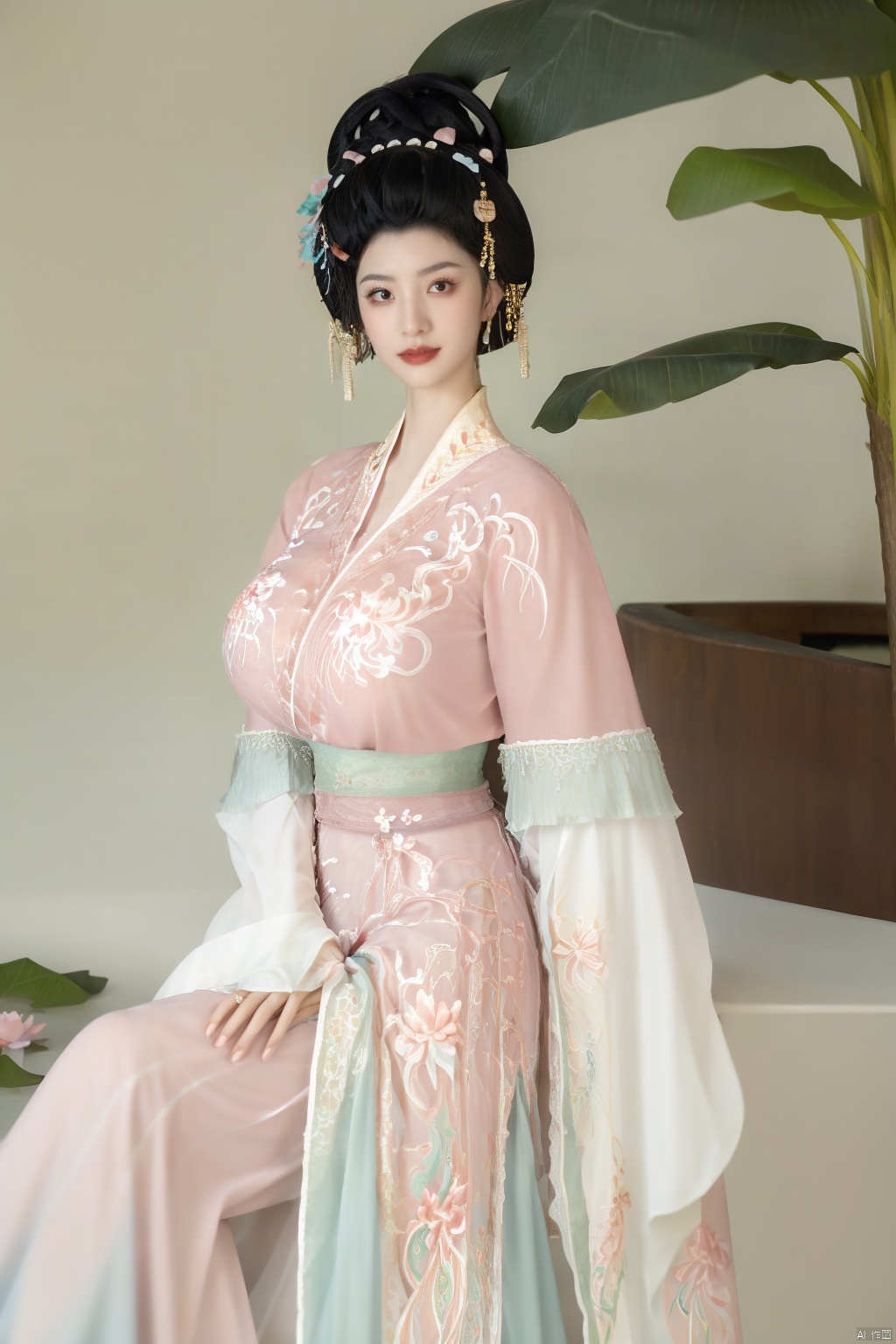  (1girl:1.1), (Lace pink-green skirt:1.39), on Stomach,aqua_earrings,Lights, lanterns, chang,(big breasts:1.56),hanfu, Best quality, Realistic, photorealistic, masterpiece, extremely detailed CG unity 8k wallpaper, best illumination, best shadow, huge filesize ,(huge breasts:1.79) incredibly absurdres, absurdres, looking at viewer, transparent, smog, gauze, vase, petals, room, ancient Chinese style, detailed background, wide shot background,
(((black hair))),(Sitting on the lotus pond porch:1.49) ,(A pond full of pink lotus flowers:1.5),close up of 1girl,Hairpins,hair ornament,hair wings,slim,narrow waist,perfect eyes,beautiful perfect face,pleasant smile,perfect female figure,detailed skin,charming,alluring,seductive,erotic,enchanting,delicate pattern,detailed complex and rich exquisite clothing detail,delicate intricate fabrics,
Morning Serenade In the gentle morning glow, (a woman in a pink lotus-patterned Hanfu stands in an indoor courtyard:1.36),(Chinese traditional dragon and phoenix embroidered Hanfu:1.3), admiring the tranquil garden scenery. The lotus-patterned Hanfu, embellished with silver-thread embroidery, is softly illuminated by the morning light. The light mint green Hanfu imparts a sense of calm and freshness, adorned with delicate lotus patterns, with a blurred background to enhance the peaceful atmosphere, song_hanfu, tang_hanfu,Xhanfu, Yunxiao_Fairy