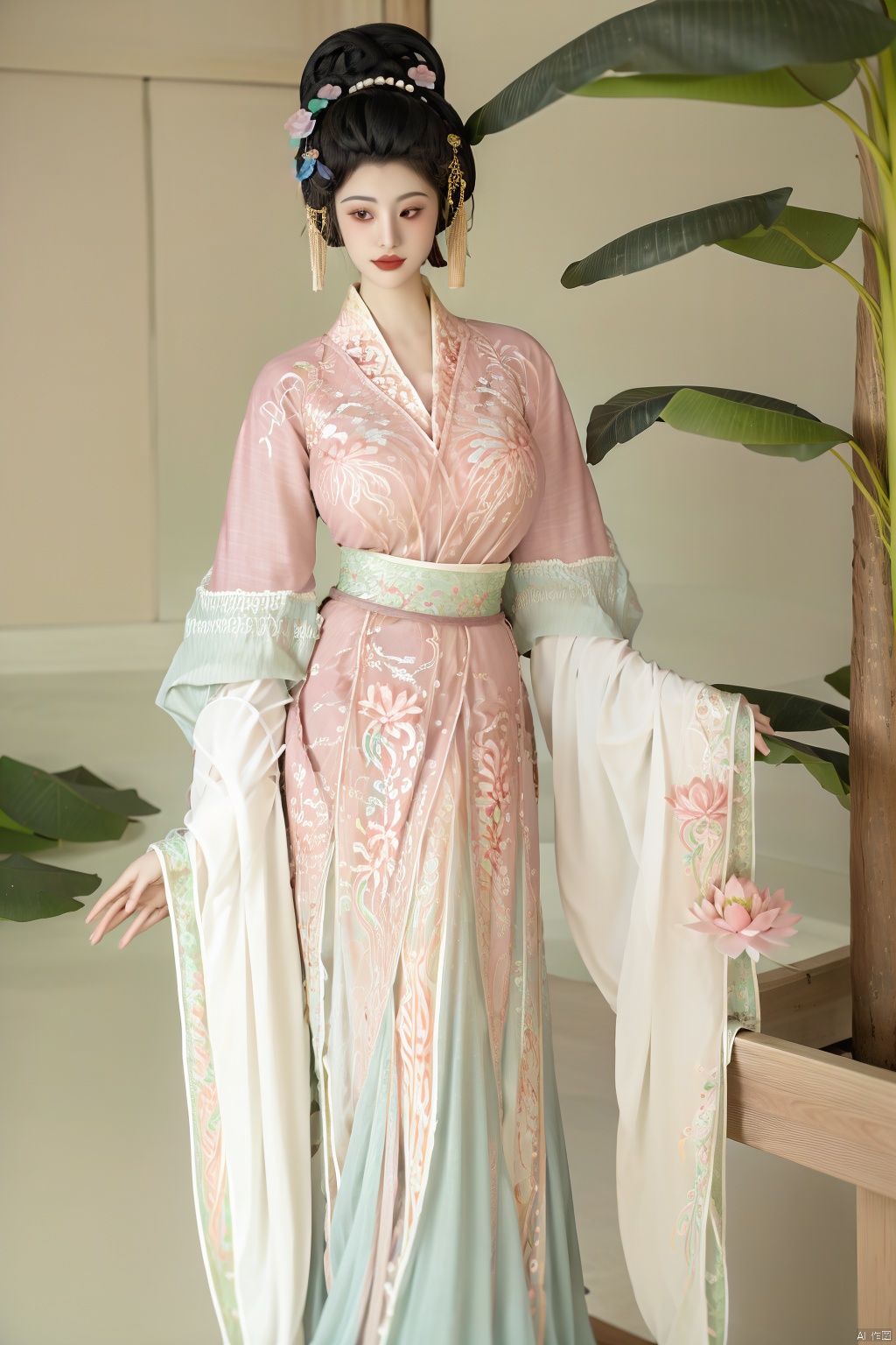  (1girl:1.1), (Lace pink-green skirt:1.39), on Stomach,aqua_earrings,Lights, lanterns, chang,(big breasts:1.56),hanfu, Best quality, Realistic, photorealistic, masterpiece, extremely detailed CG unity 8k wallpaper, best illumination, best shadow, huge filesize ,(huge breasts:1.59) incredibly absurdres, absurdres, looking at viewer, transparent, smog, gauze, vase, petals, room, ancient Chinese style, detailed background, wide shot background,
(((black hair))),(Sitting on the lotus pond porch:1.49) ,(A pond full of pink lotus flowers:1.5),close up of 1girl,Hairpins,hair ornament,hair wings,slim,narrow waist,perfect eyes,beautiful perfect face,pleasant smile,perfect female figure,detailed skin,charming,alluring,seductive,erotic,enchanting,delicate pattern,detailed complex and rich exquisite clothing detail,delicate intricate fabrics,
Morning Serenade In the gentle morning glow, (a woman in a pink lotus-patterned Hanfu stands in an indoor courtyard:1.36),(Chinese traditional dragon and phoenix embroidered Hanfu:1.3), admiring the tranquil garden scenery. The lotus-patterned Hanfu, embellished with silver-thread embroidery, is softly illuminated by the morning light. The light mint green Hanfu imparts a sense of calm and freshness, adorned with delicate lotus patterns, with a blurred background to enhance the peaceful atmosphere, song_hanfu, tang_hanfu,Xhanfu, Yunxiao_Fairy