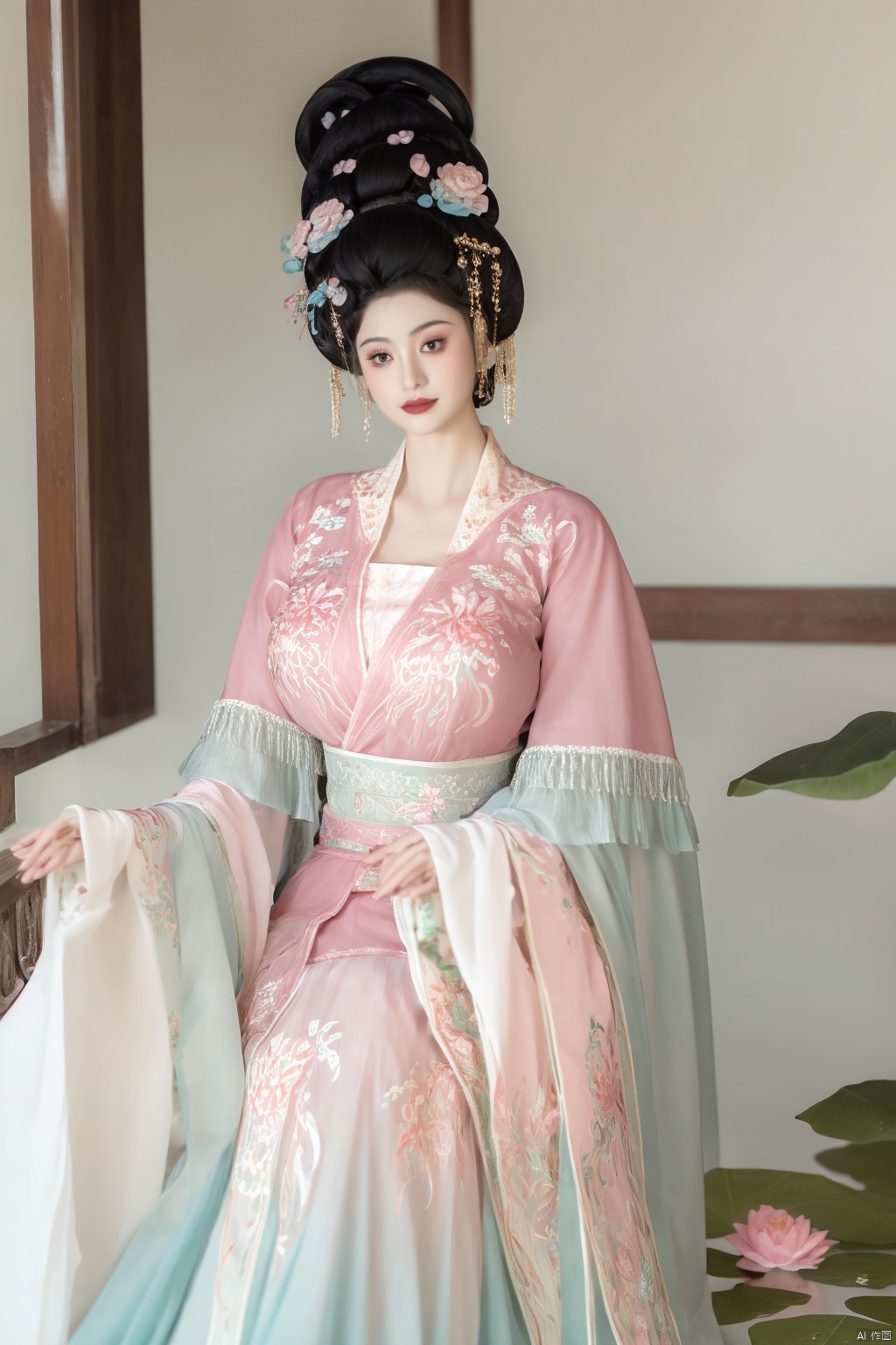  (1girl:1.1), (Lace pink-green skirt:1.39), on Stomach,aqua_earrings,Lights, lanterns, chang,(big breasts:1.56),hanfu, Best quality, Realistic, photorealistic, masterpiece, extremely detailed CG unity 8k wallpaper, best illumination, best shadow, huge filesize ,(huge breasts:1.79) incredibly absurdres, absurdres, looking at viewer, transparent, smog, gauze, vase, petals, room, ancient Chinese style, detailed background, wide shot background,
(((black hair))),(Sitting on the lotus pond porch:1.49) ,(A pond full of pink lotus flowers:1.5),close up of 1girl,Hairpins,hair ornament,hair wings,slim,narrow waist,perfect eyes,beautiful perfect face,pleasant smile,perfect female figure,detailed skin,charming,alluring,seductive,erotic,enchanting,delicate pattern,detailed complex and rich exquisite clothing detail,delicate intricate fabrics,
Morning Serenade In the gentle morning glow, (a woman in a pink lotus-patterned Hanfu stands in an indoor courtyard:1.36),(Chinese traditional dragon and phoenix embroidered Hanfu:1.3), admiring the tranquil garden scenery. The lotus-patterned Hanfu, embellished with silver-thread embroidery, is softly illuminated by the morning light. The light mint green Hanfu imparts a sense of calm and freshness, adorned with delicate lotus patterns, with a blurred background to enhance the peaceful atmosphere, song_hanfu, tang_hanfu,Xhanfu, Yunxiao_Fairy