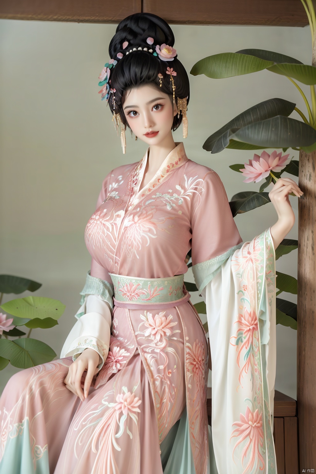  (1girl:1.1), (Lace pink-green skirt:1.39), on Stomach,aqua_earrings,Lights, lanterns, chang,(big breasts:1.56),hanfu, Best quality, Realistic, photorealistic, masterpiece, extremely detailed CG unity 8k wallpaper, best illumination, best shadow, huge filesize ,(huge breasts:1.59) incredibly absurdres, absurdres, looking at viewer, transparent, smog, gauze, vase, petals, room, ancient Chinese style, detailed background, wide shot background,
(((black hair))),(Sitting on the lotus pond porch:1.49) ,(A pond full of pink lotus flowers:1.5),close up of 1girl,Hairpins,hair ornament,hair wings,slim,narrow waist,perfect eyes,beautiful perfect face,pleasant smile,perfect female figure,detailed skin,charming,alluring,seductive,erotic,enchanting,delicate pattern,detailed complex and rich exquisite clothing detail,delicate intricate fabrics,
Morning Serenade In the gentle morning glow, (a woman in a pink lotus-patterned Hanfu stands in an indoor courtyard:1.36),(Chinese traditional dragon and phoenix embroidered Hanfu:1.3), admiring the tranquil garden scenery. The lotus-patterned Hanfu, embellished with silver-thread embroidery, is softly illuminated by the morning light. The light mint green Hanfu imparts a sense of calm and freshness, adorned with delicate lotus patterns, with a blurred background to enhance the peaceful atmosphere, song_hanfu, tang_hanfu,Xhanfu, Yunxiao_Fairy