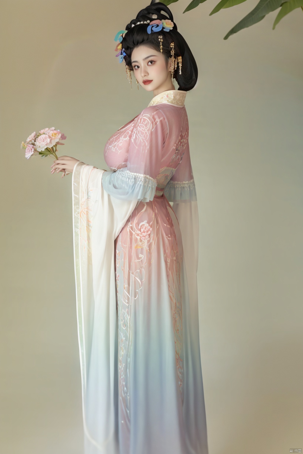 masterpiece,qingyi,danya,1girl,black hair,hanfu,(flower:1.5),realistic,hair ornament,chinese clothes,(Rainbow gradient colors dress:1.5),black eyes,long sleeves,holding,holding flower,,hanfu,,looking at viewer,(big breasts:1.79), Yunxiao_Fairy,Xhanfu